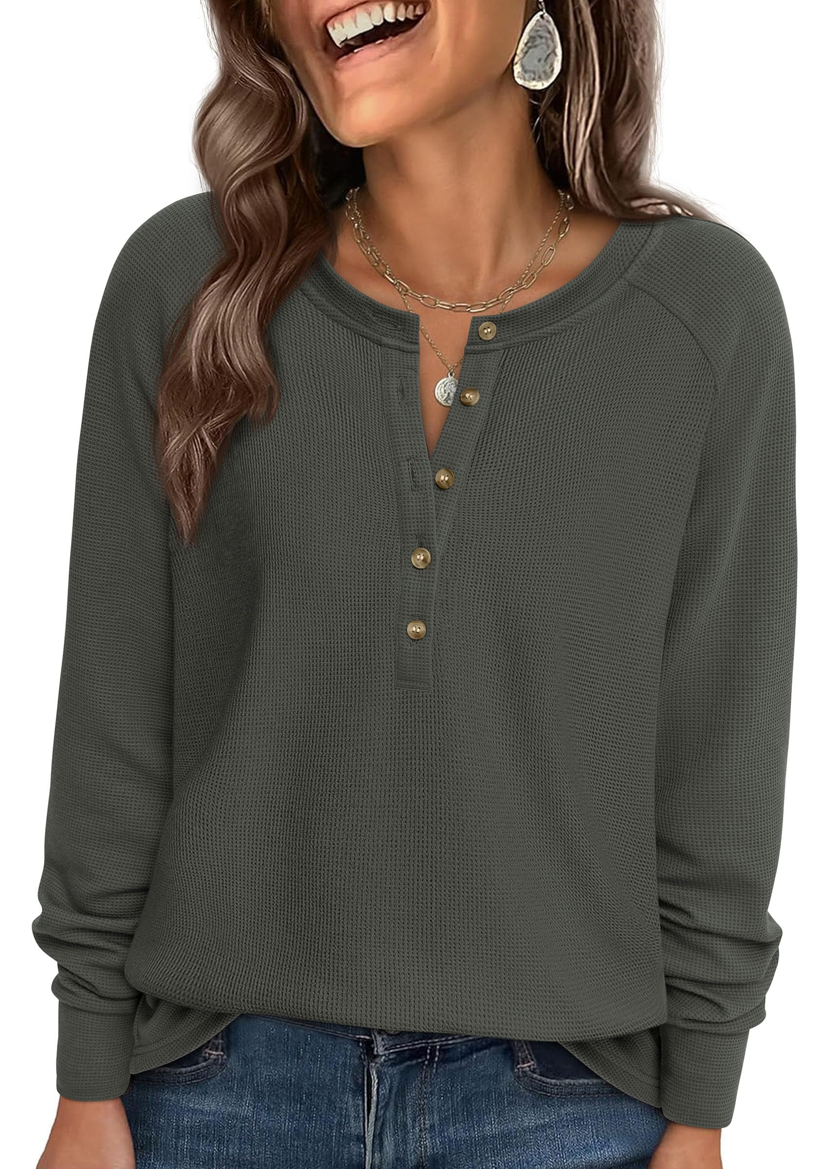 Women's Long Sleeve Waffle Knit Henley Shirts Loose Tunic Tops