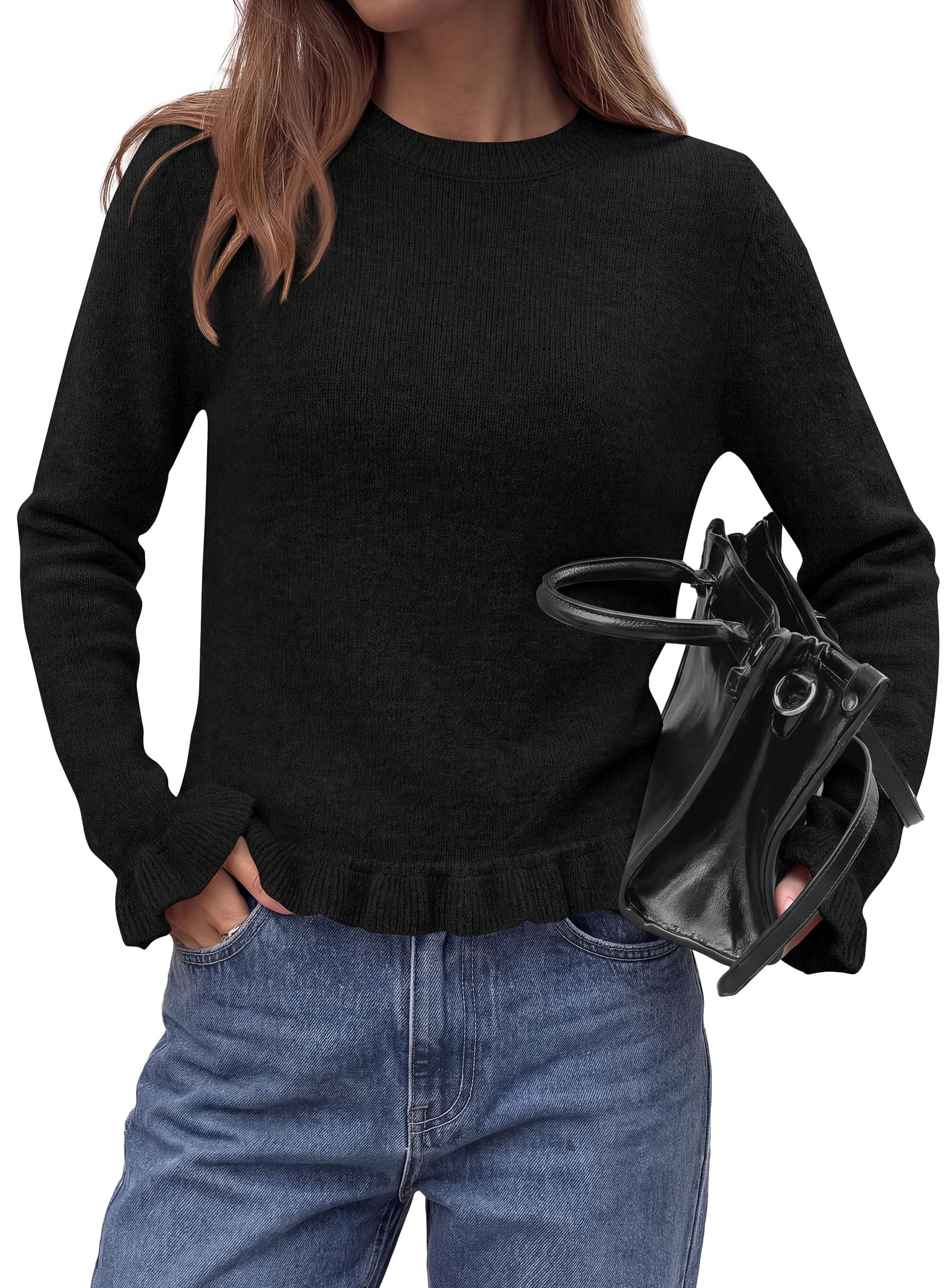 Women's Ruffle Sweaters Fall Fashion Cozy Knit Pullover Black
