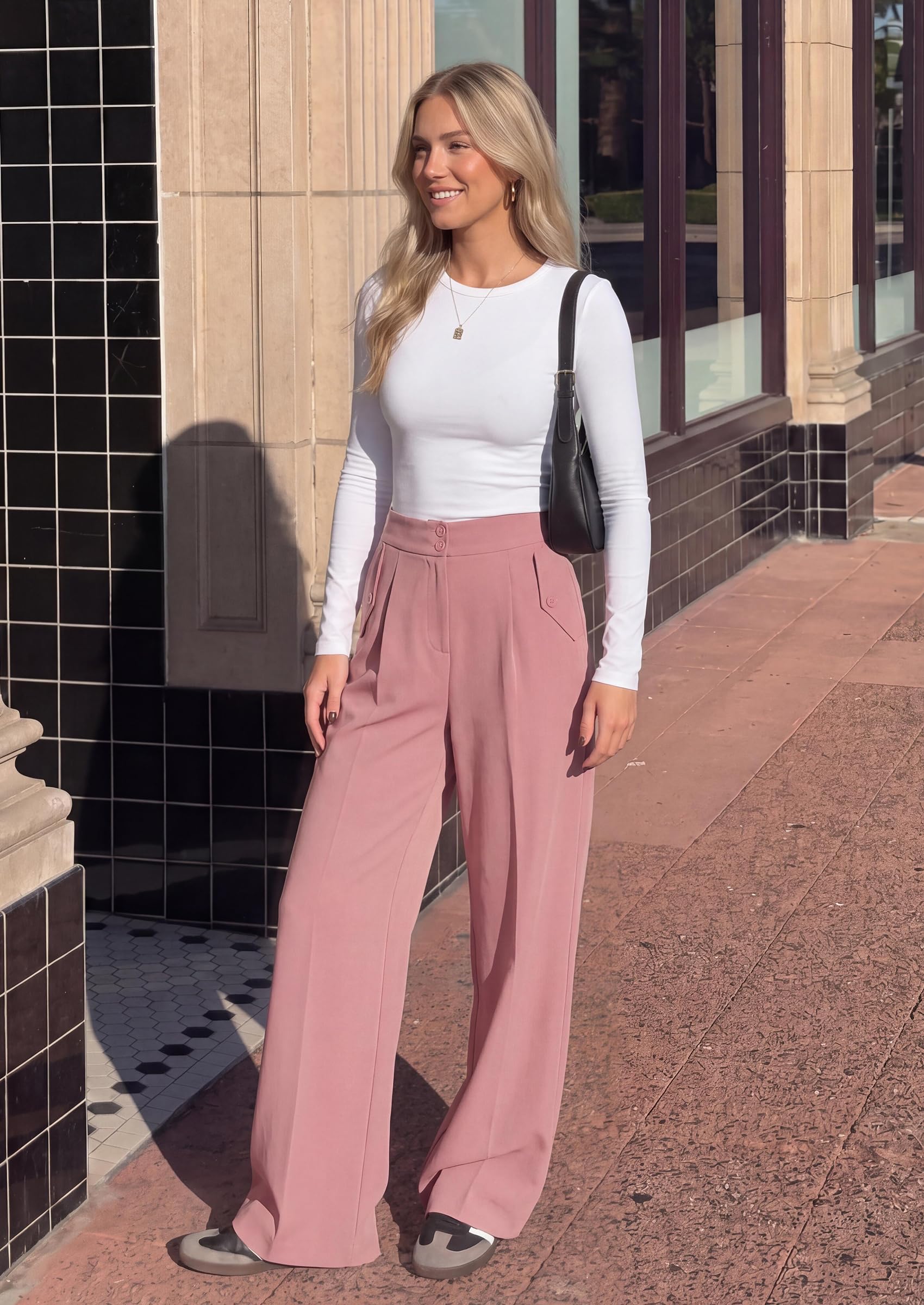 Women's Wide Leg Work Dress Pants Trousers (Pink,S)