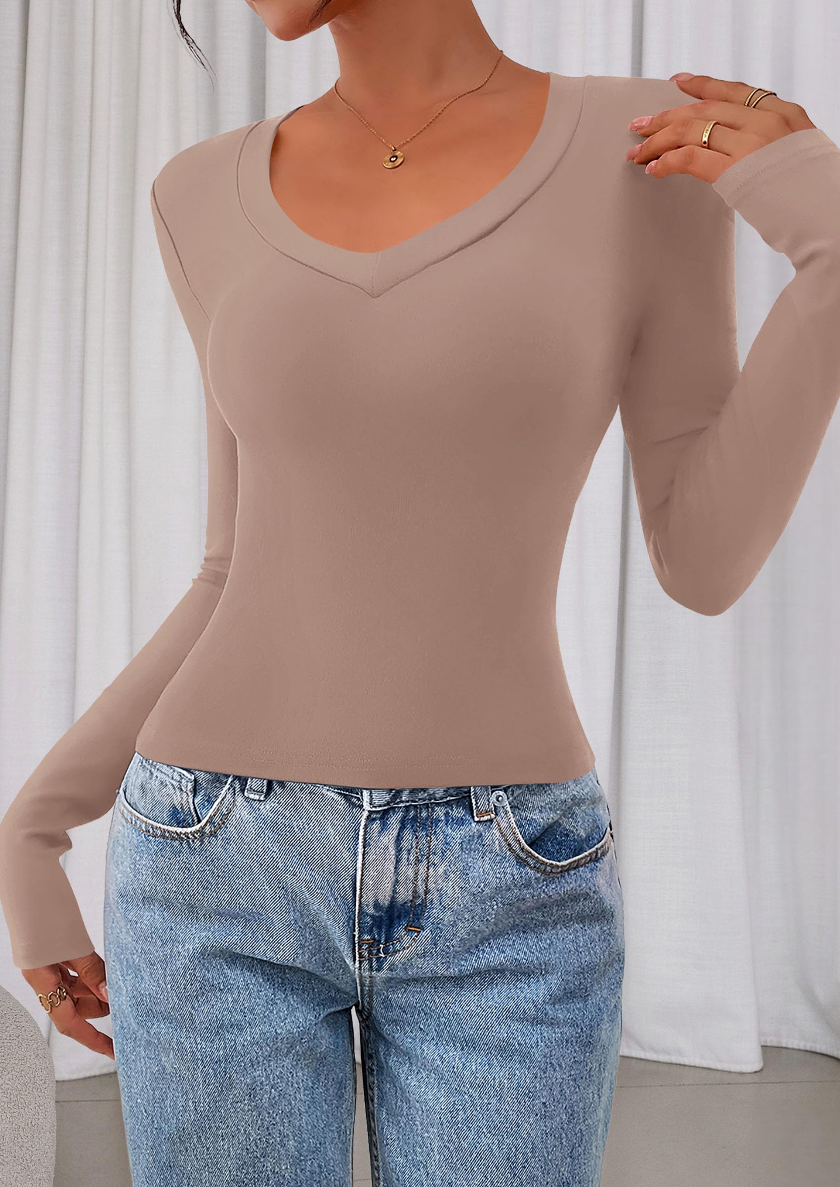 Womens Long Sleeve Slim Fit Crop Tops,Coffee,XS