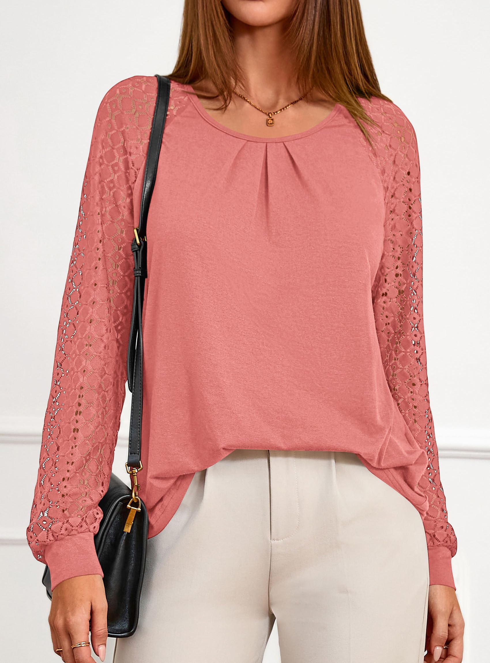 Women's Long Sleeve Shirts Fall Lace Tops,Coral Pink,S