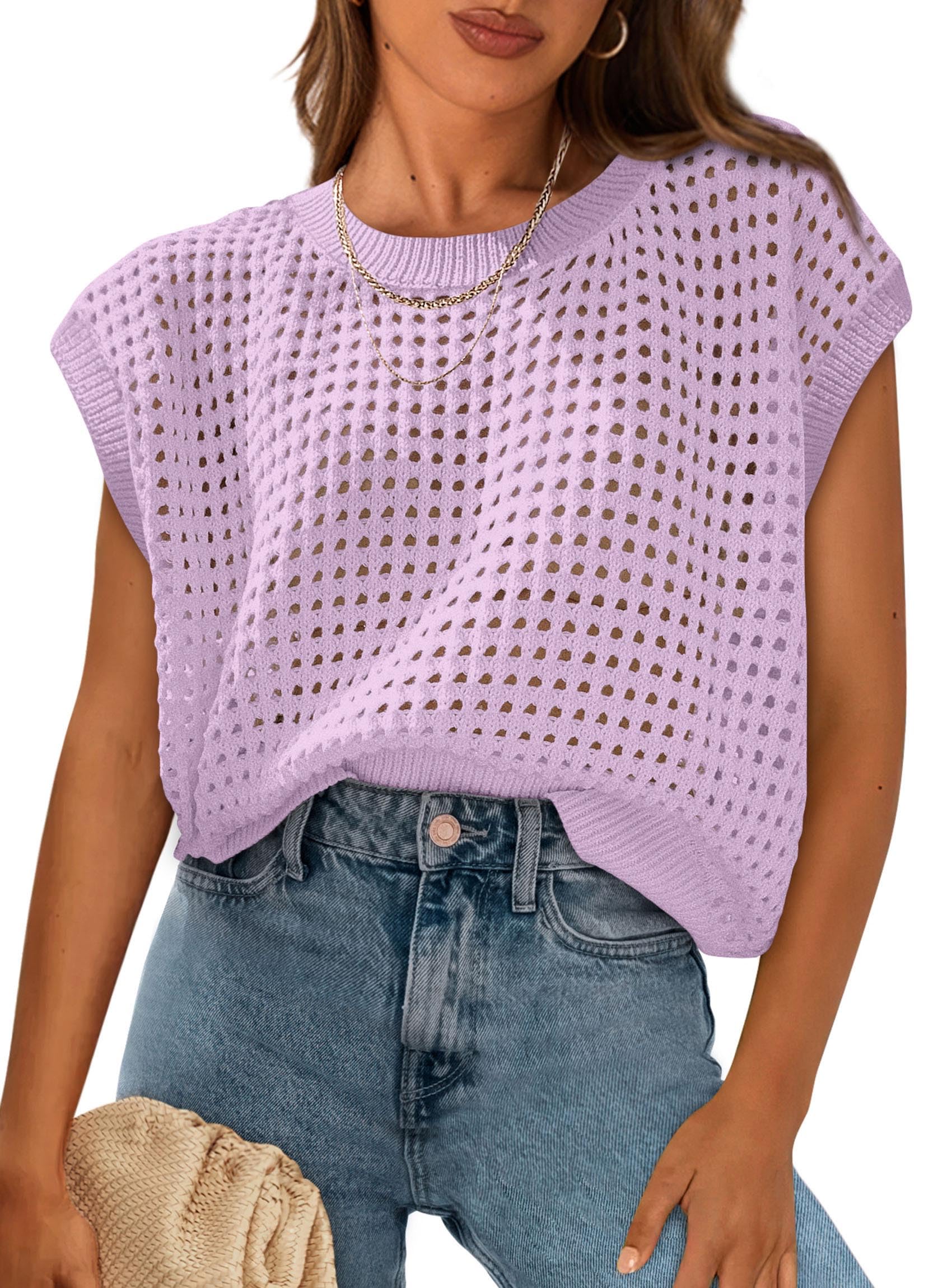 Women's Summer Crochet Cap Sleeve Sweater Tops,Light Purple,S