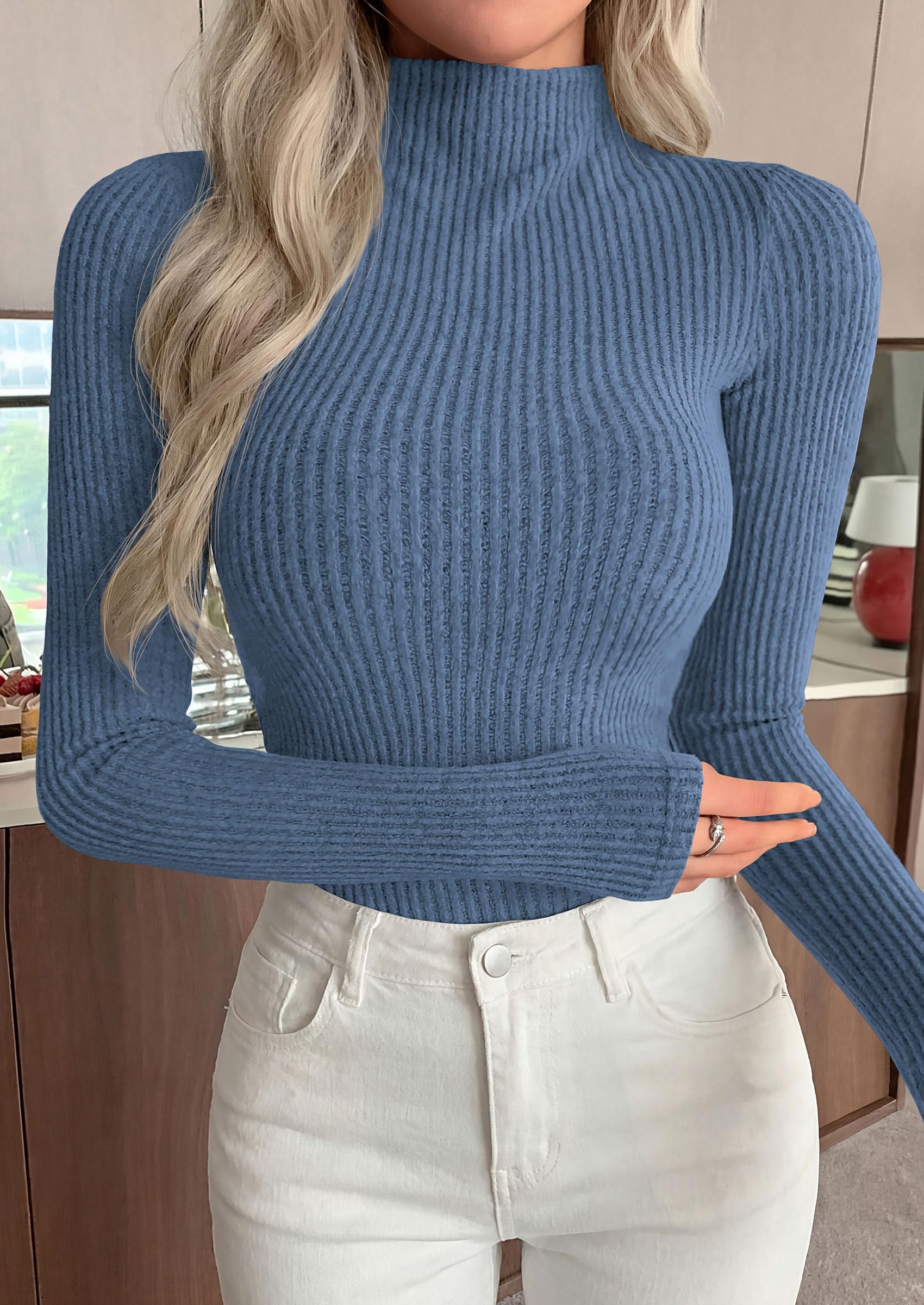 Long Sleeve Shirts for Women Fall Ribbed Mock Turtleneck Tops