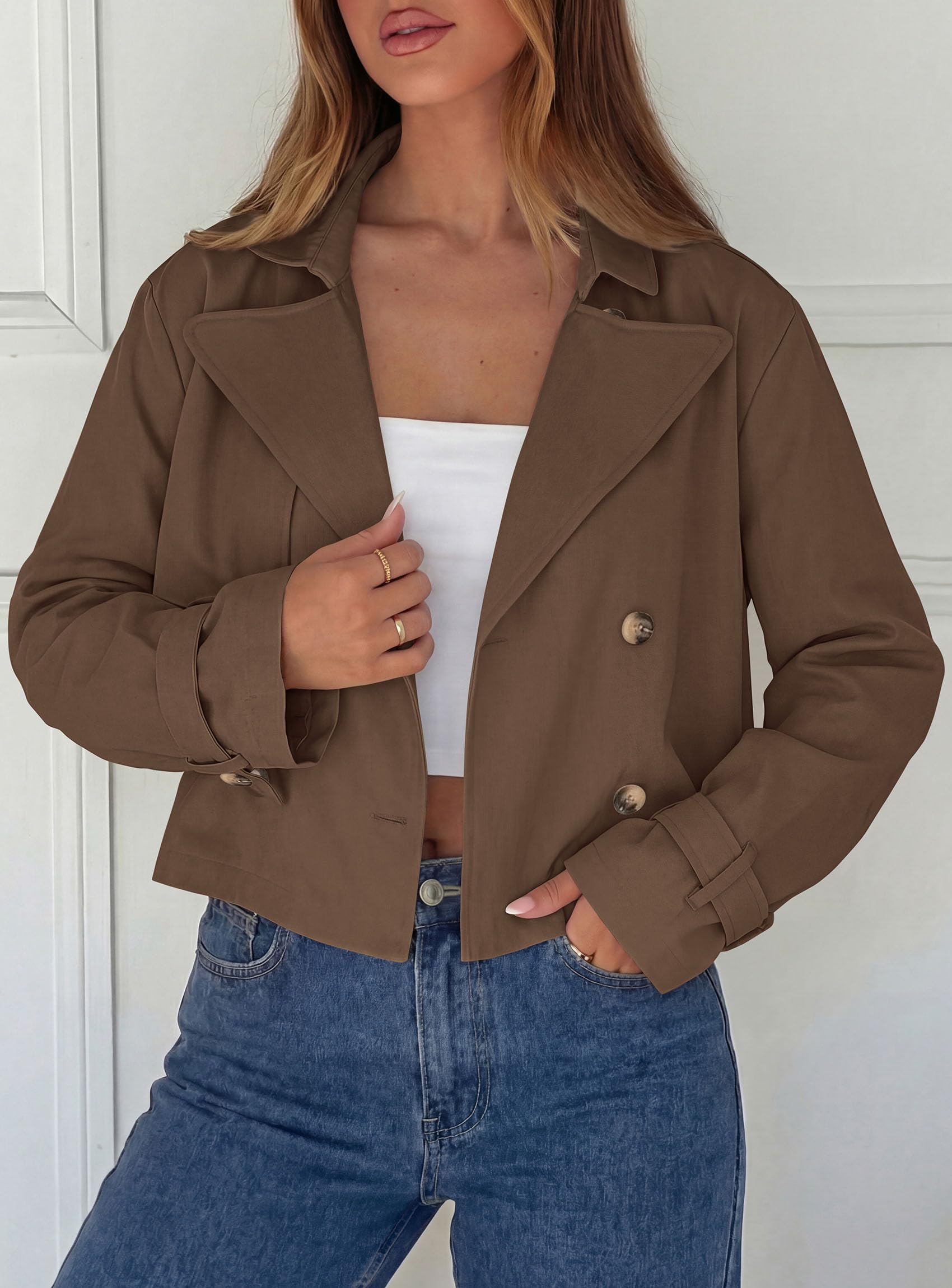 Cropped Trench Coat For Women Short Jacket,Brown,S