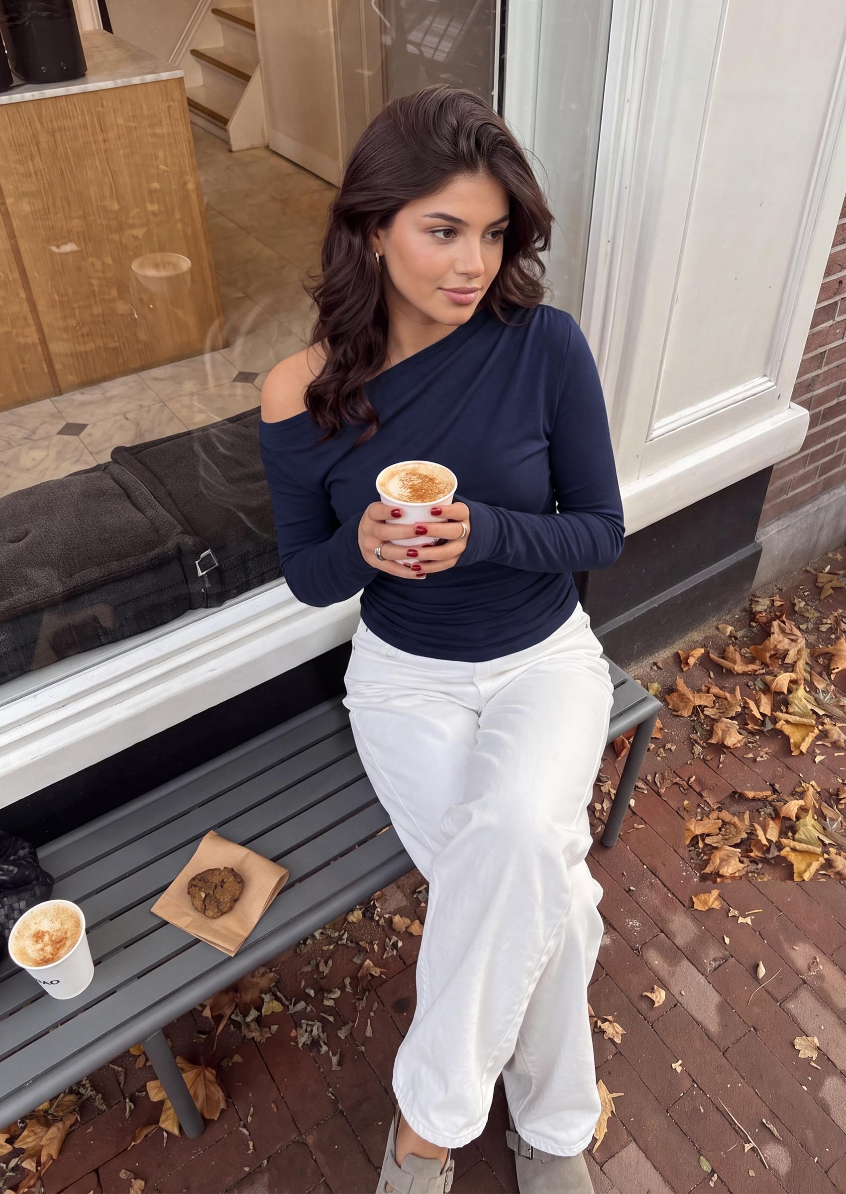 Womens Off The Shoulder Tops Long Sleeve Shirts,Navy,S