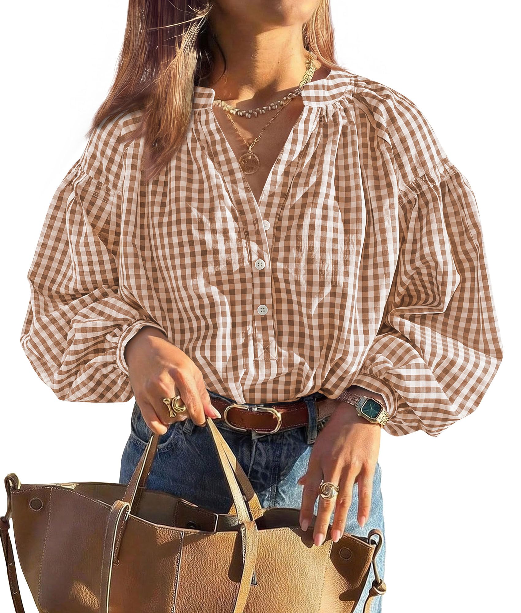 Women Fall Plaid Long Puff Sleeve Shirts V Neck Casual Blouses