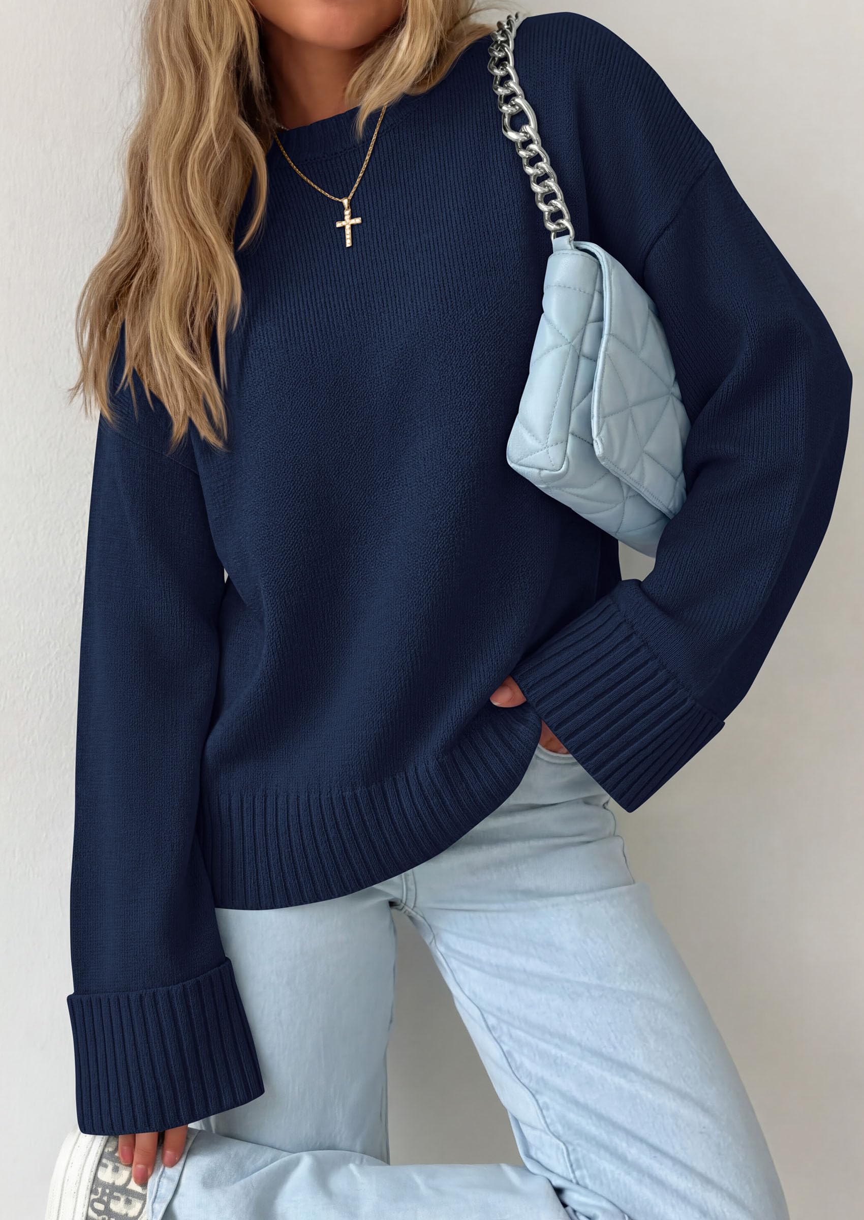 Oversized Sweater Women's Crewneck Long Sleeve Tops Navy Blue