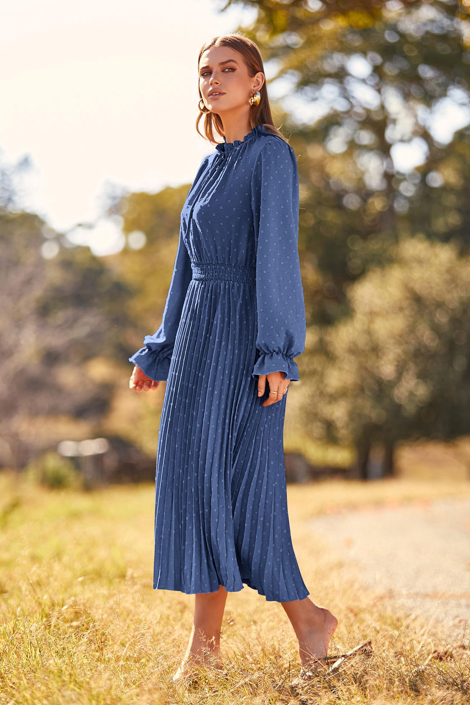Women's Long Flowy Dress 2025 Spring Fall Long Sleeve Swiss Dot V Neck Midi Party Dresses (Grey Blue,Small)