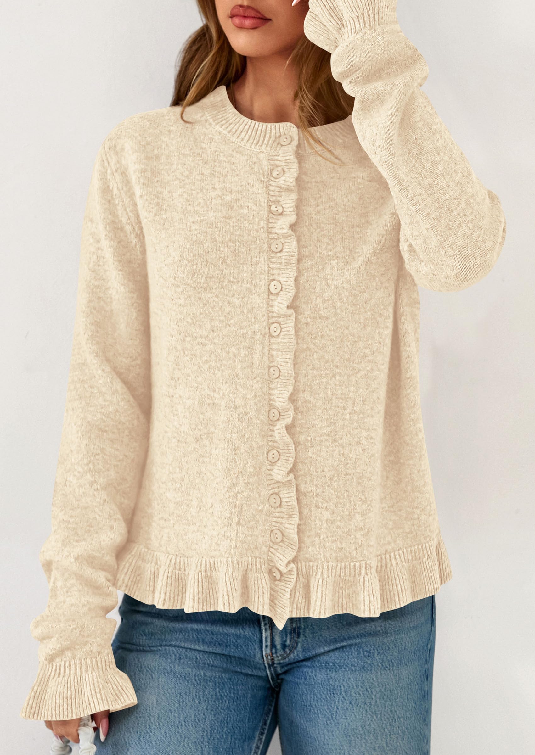Womens Ruffle Button Down Cardigan Sweaters,Beige,S