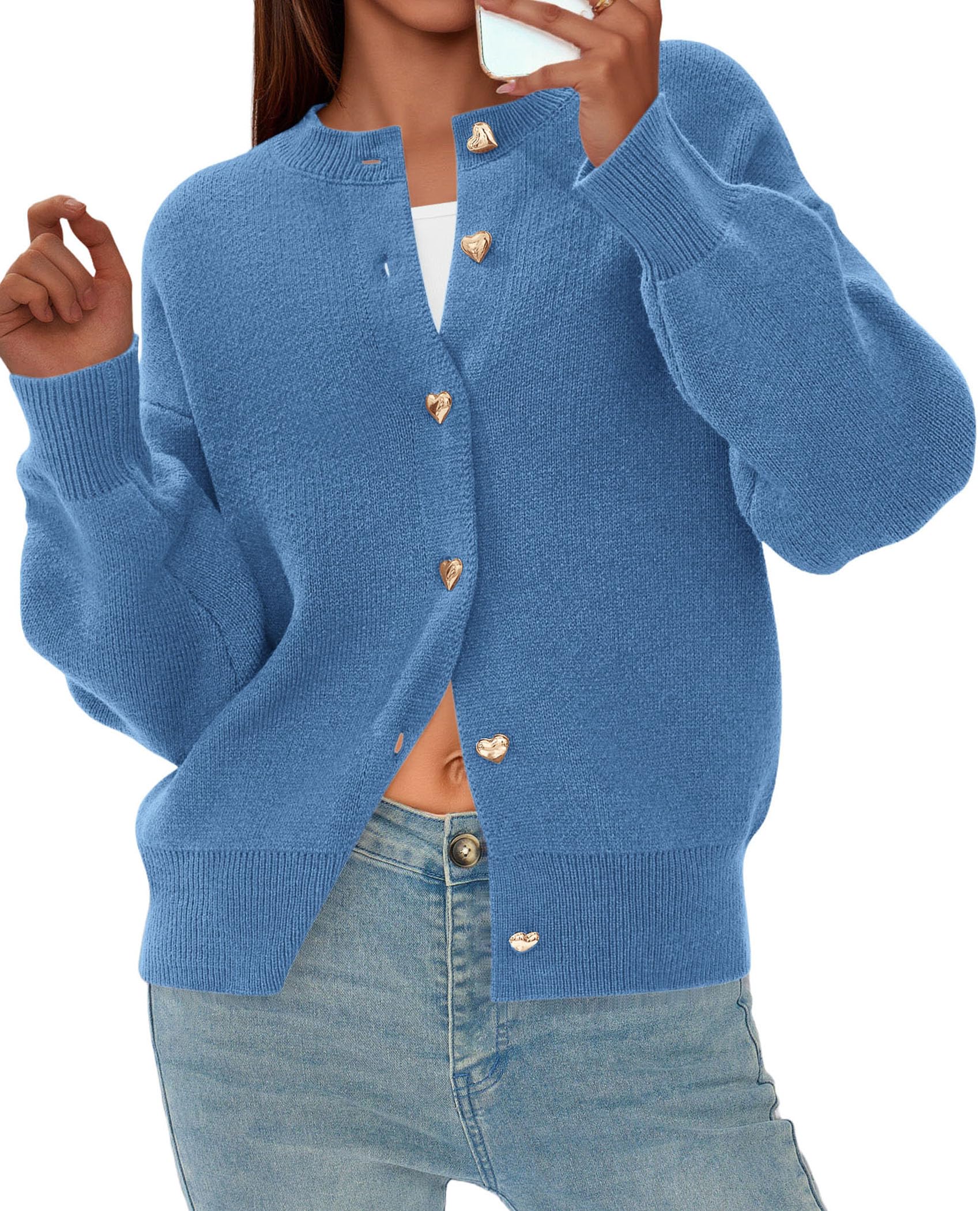 Women's Long Sleeve Button Up Cardigan,Grey Blue,XL