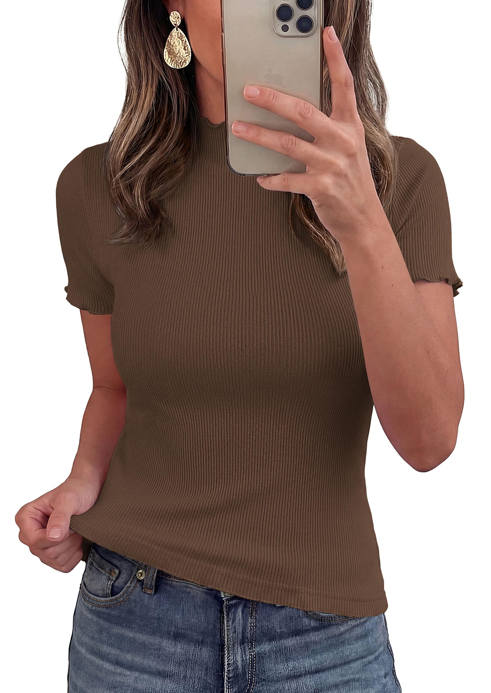 Women's Short Sleeve Ribbed Knit T Shirts, Coffee,XS