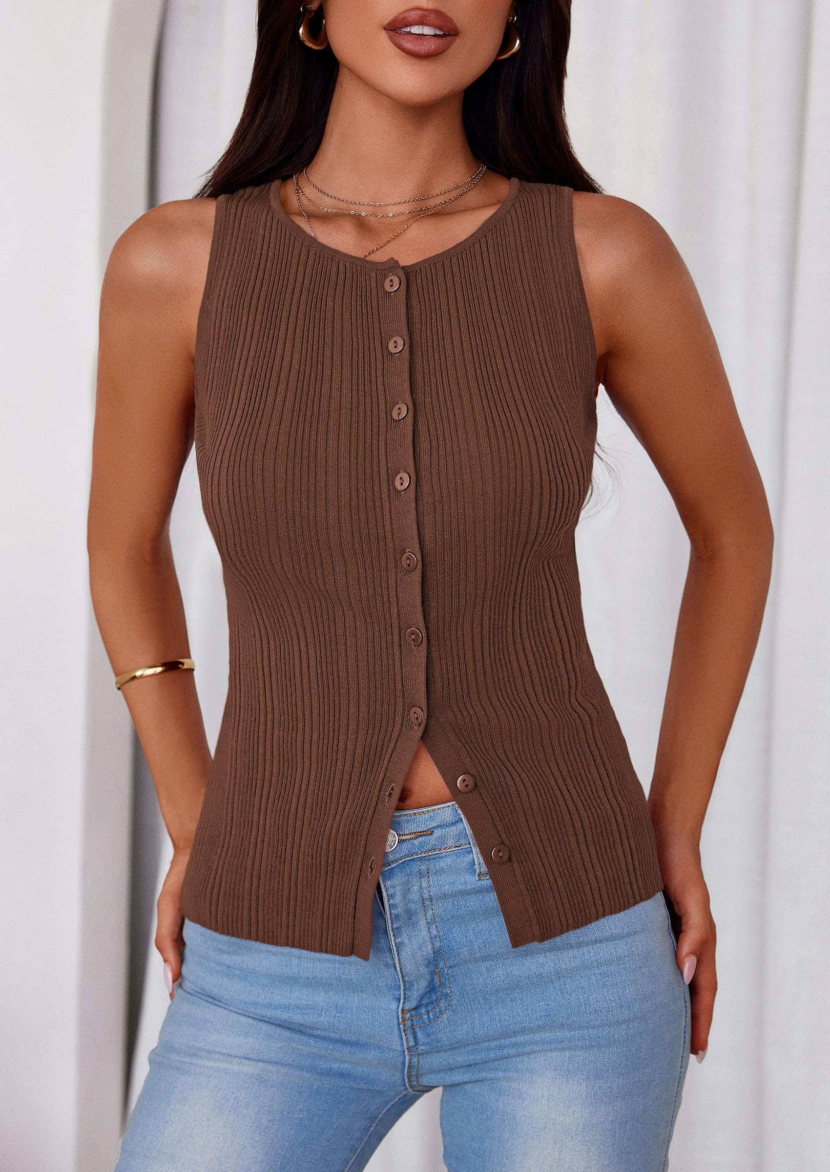 Sleeveless Button Down Shirts for Women Summer 2026 Going Out Ribbed Knit Tank Tops Y2K Clothes Trendy Vest Tops Brown