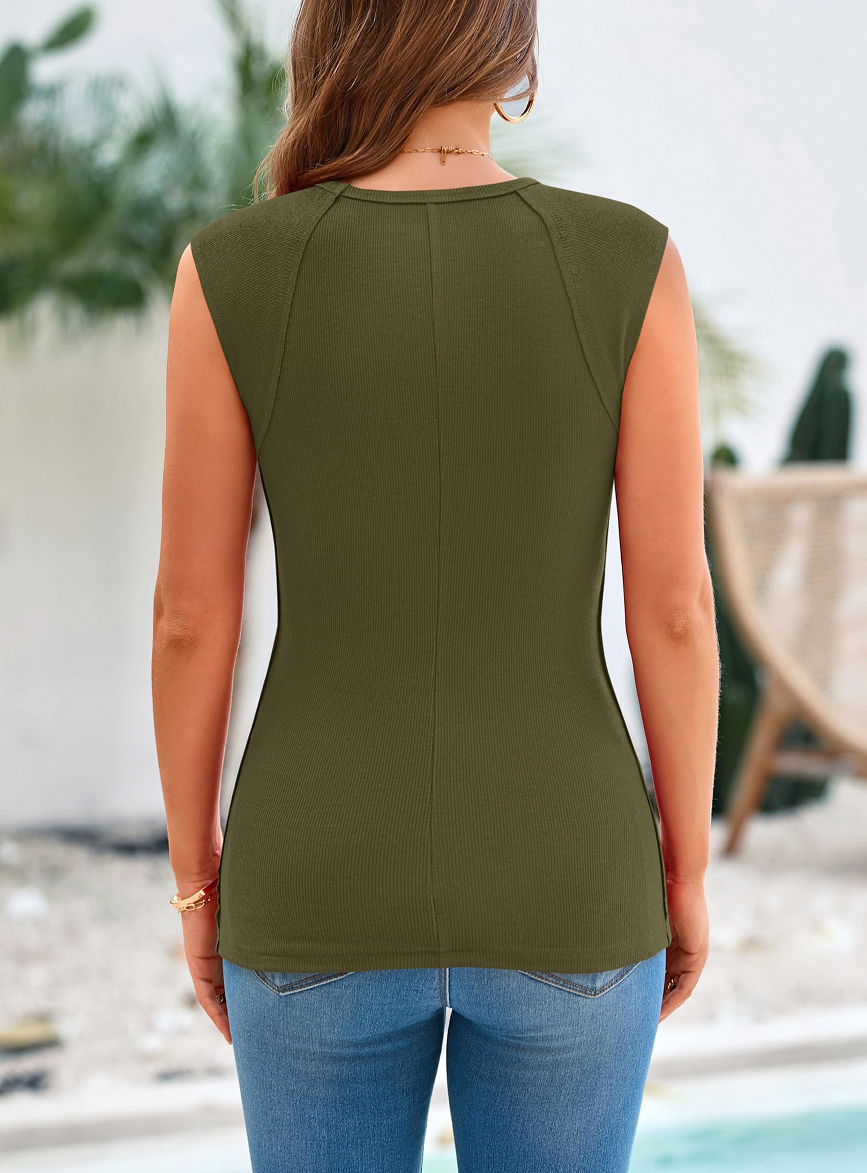 Women's Cap Sleeve Ribbed Tank Tops Summer, Army Green,S