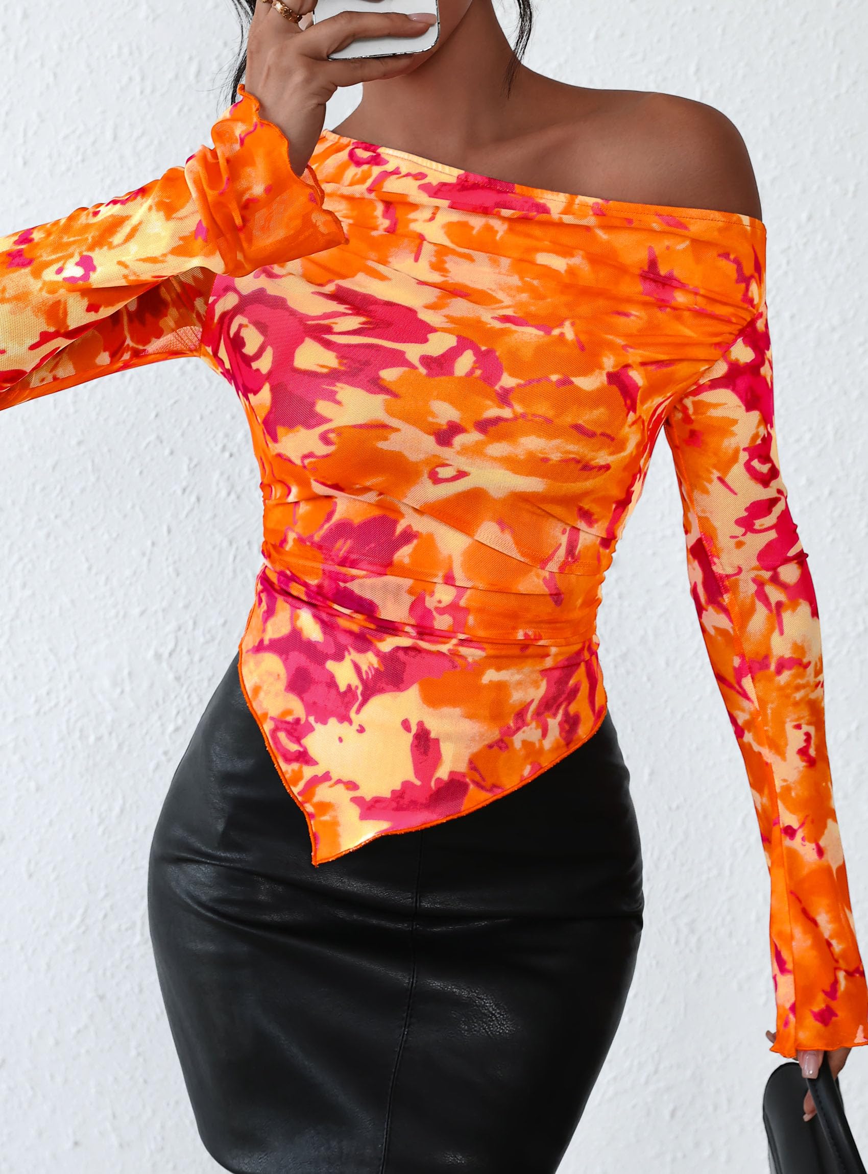 Womens Off Shoulder Mesh Y2k Tops,Floral Orange,XS