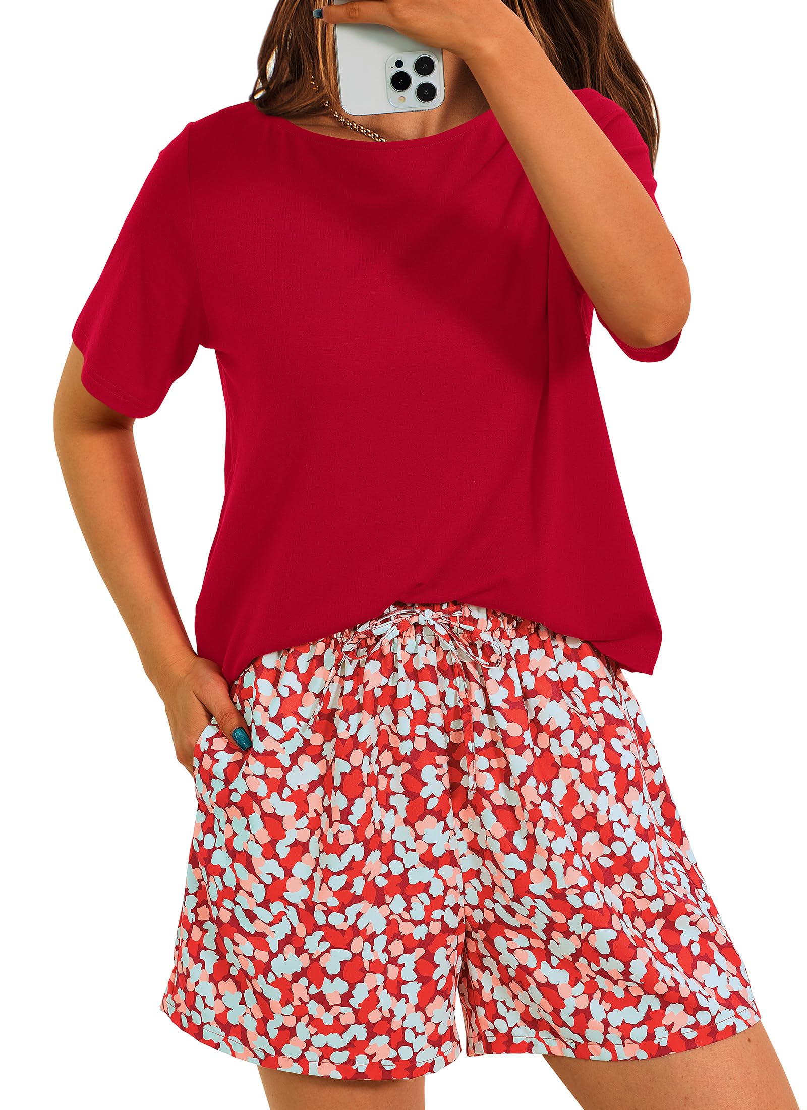 Women's Summer 2 Piece Outfits Short Sets Red,Small