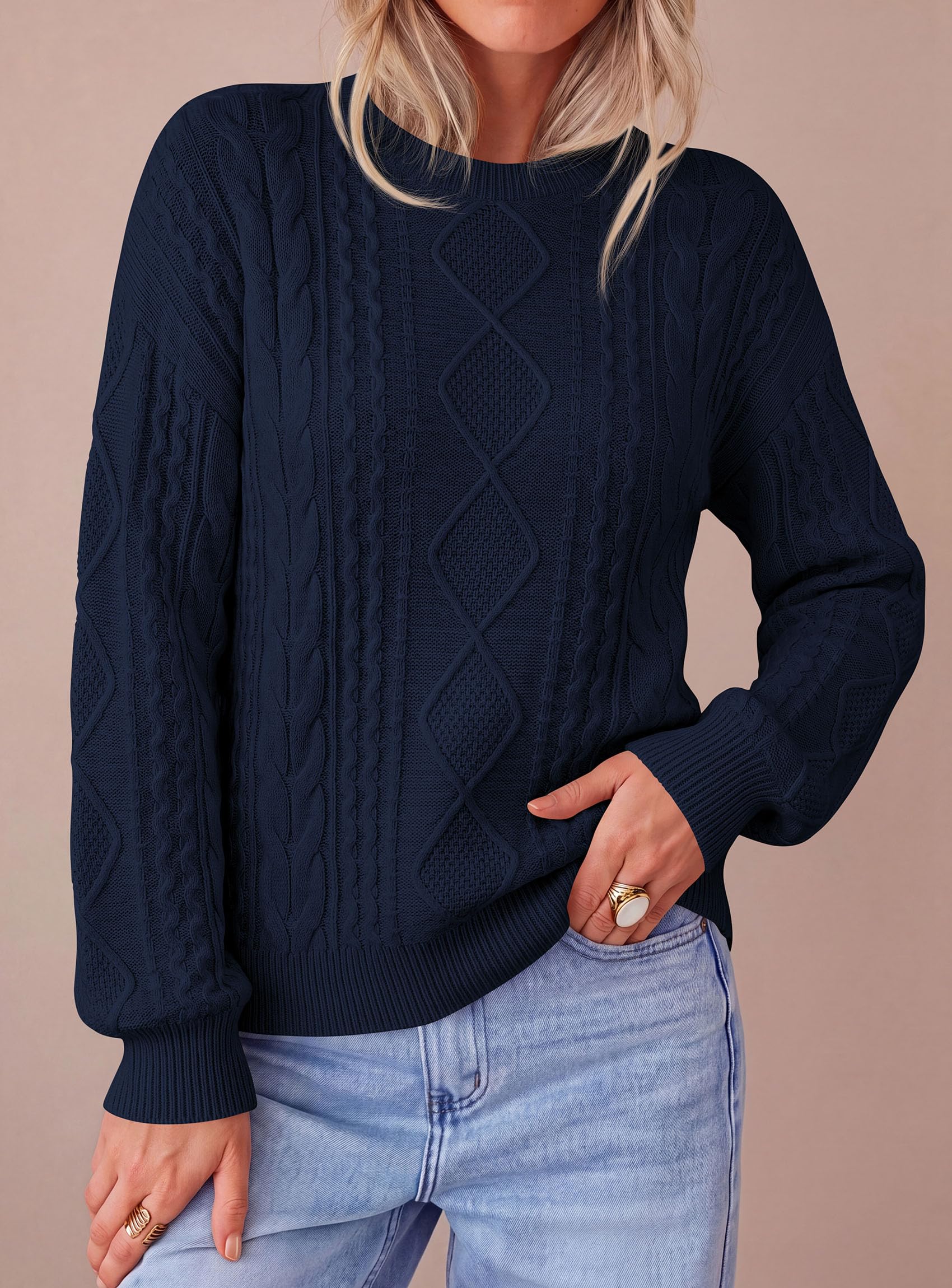 Women's Crewneck Cable Knit Sweater Pullover Tops Navy