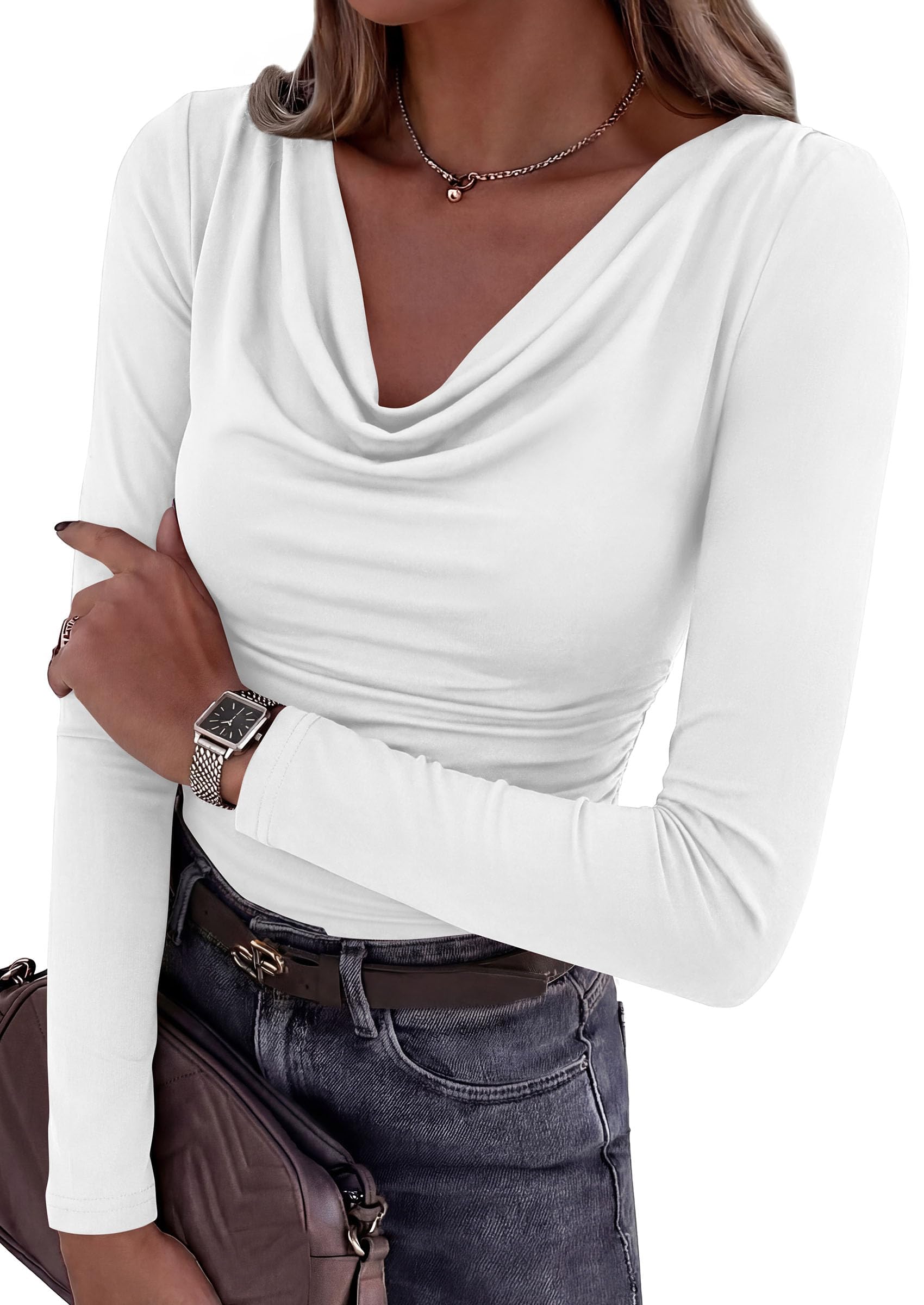 Women's Cowl Neck Long Sleeve Shirts (White,M)