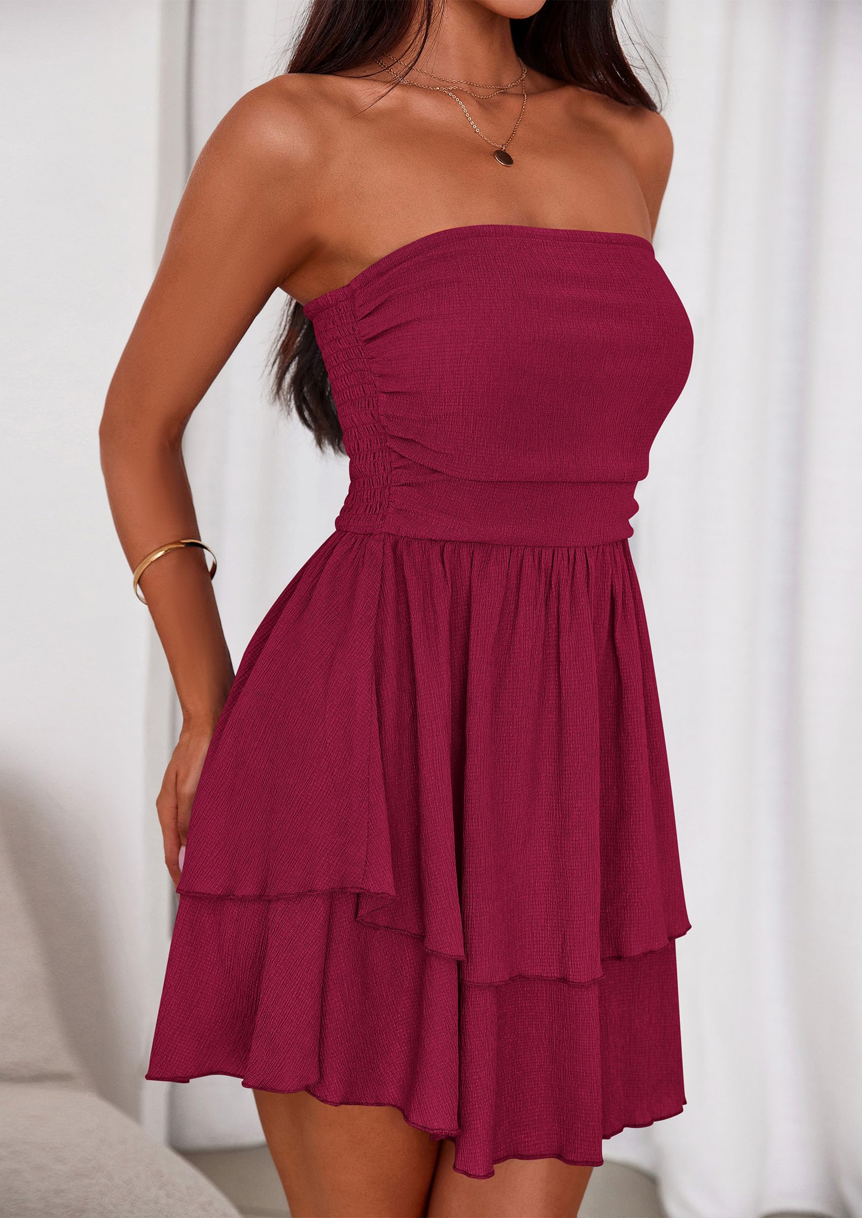 Women's Summer Strapless Flowy Mini Dresses (Burgundy,S)