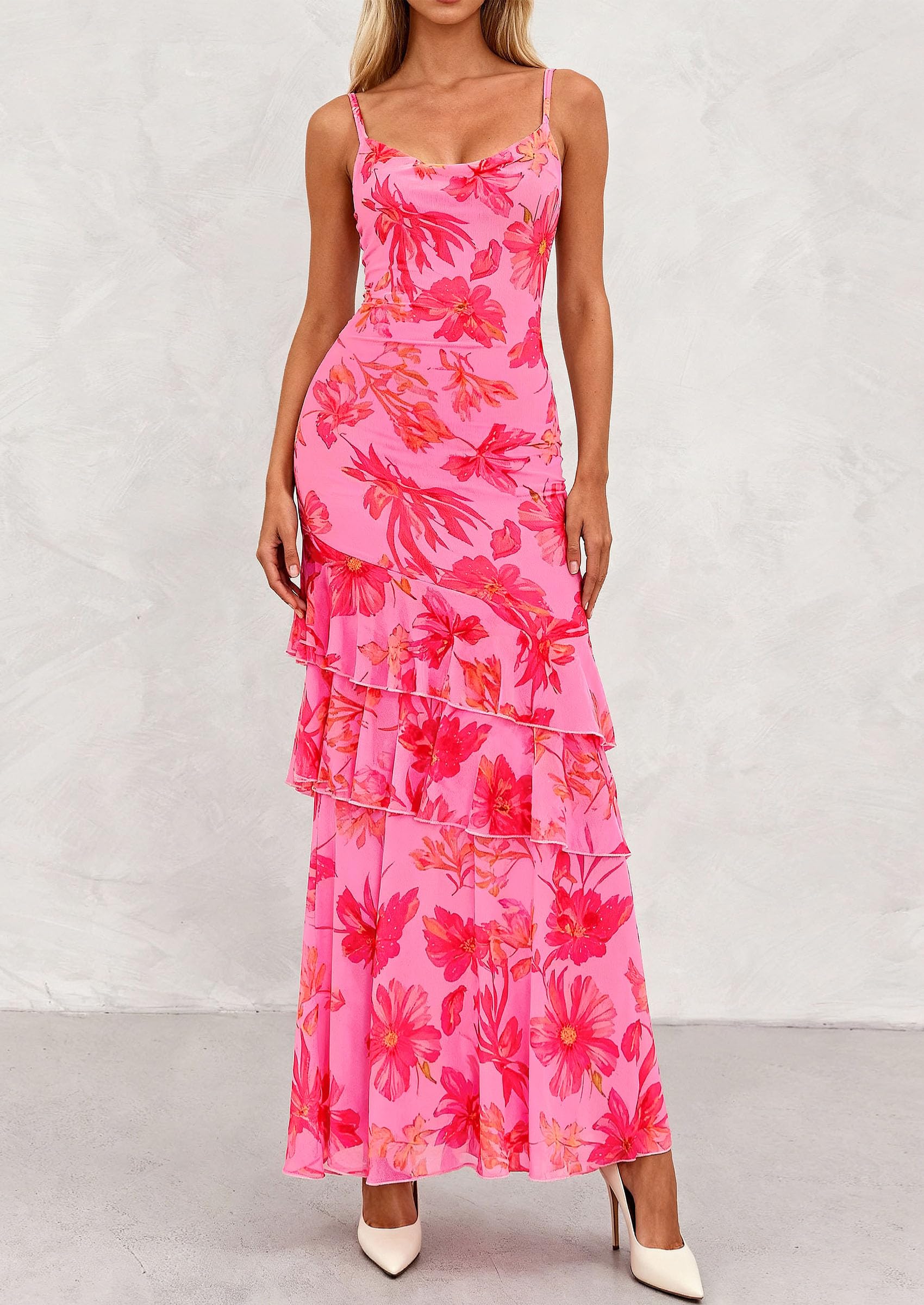 Women's Boho Floral Tiered Maxi Dress, Pink Orange Floral,XS