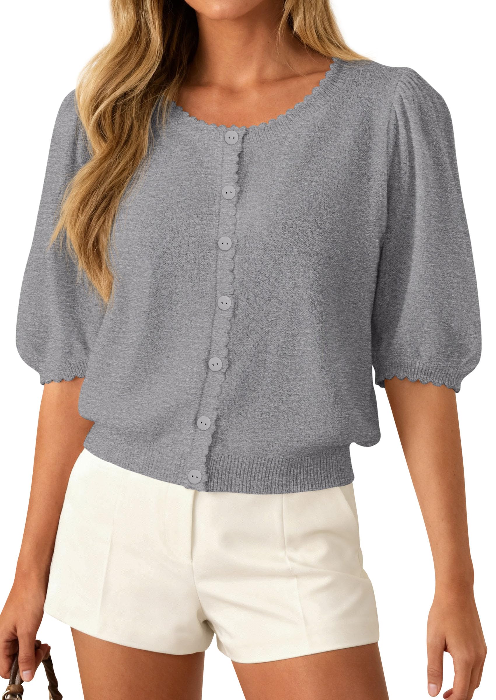 Women Short Sleeve Lightweight Knit Cardigans, Grey,S