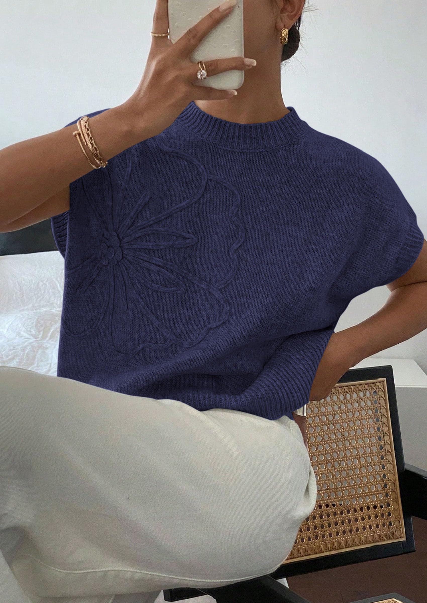 Women's Summer Short Cap Sleeve Sweater Vest (Navy Blue,S)