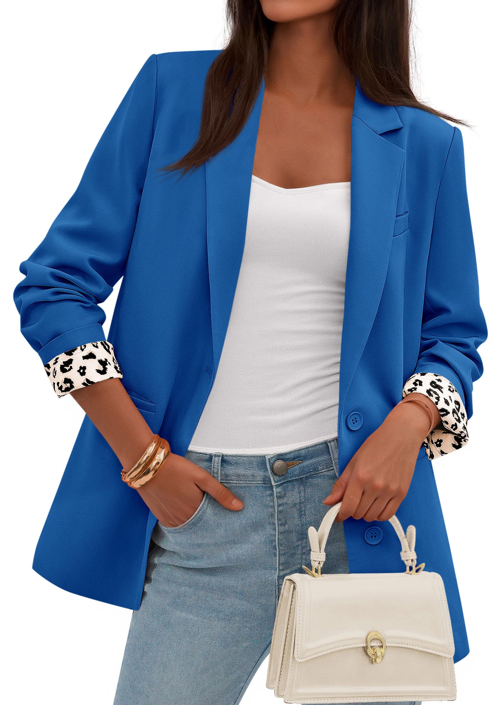 Womens Open Front Leopard Blazers Suit Jackets,Royal Blue,S