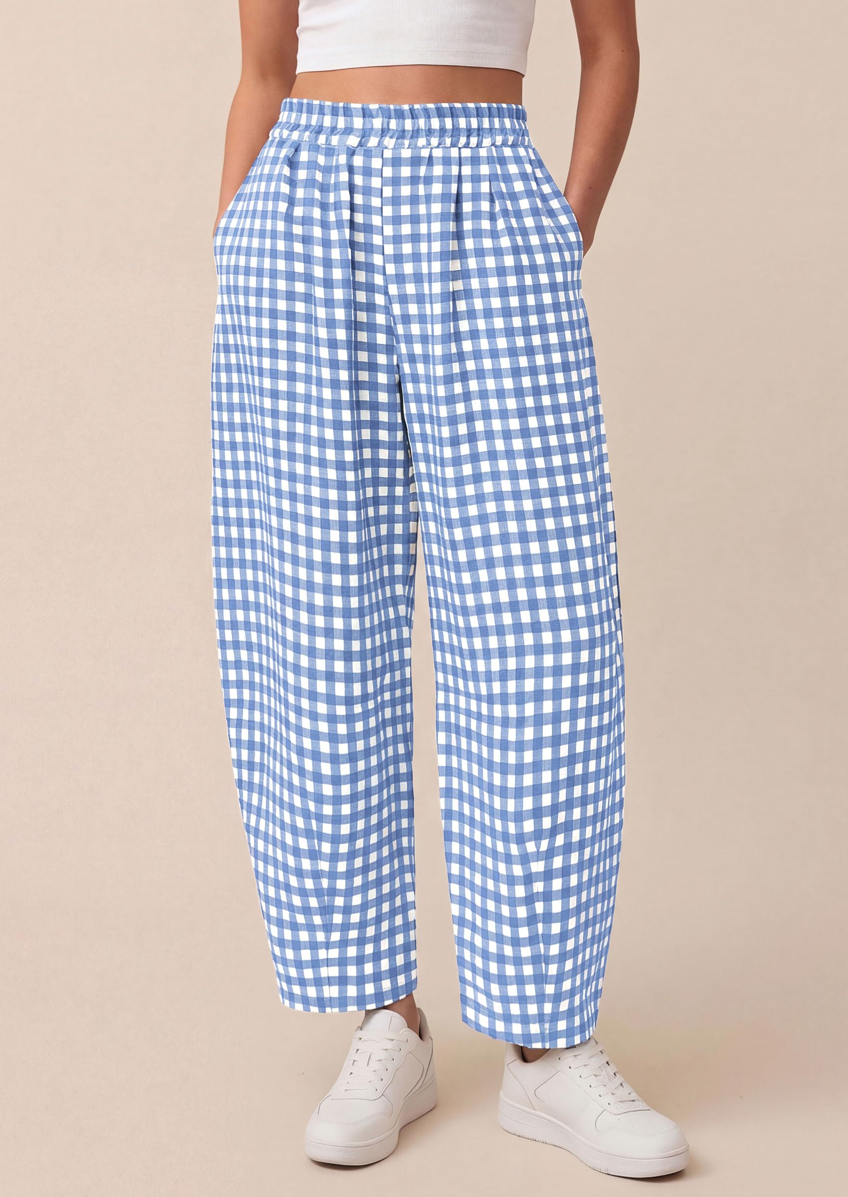 Plaid Barrel Pants Women Summer Bottoms, Light Blue Plaid,S