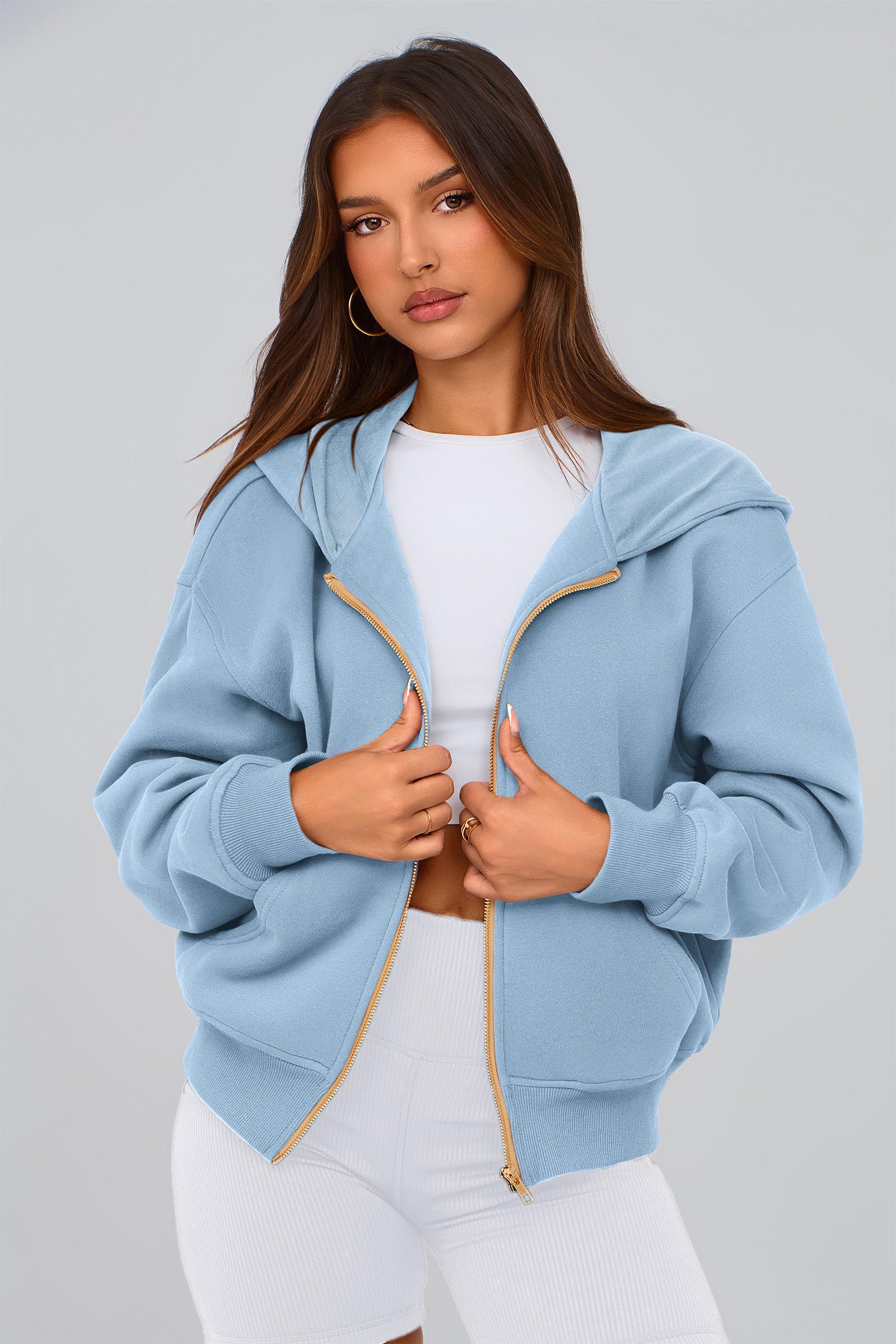 Hoodies for Women Fall Fashion Zip Up Fleece Plain Sweatshirt