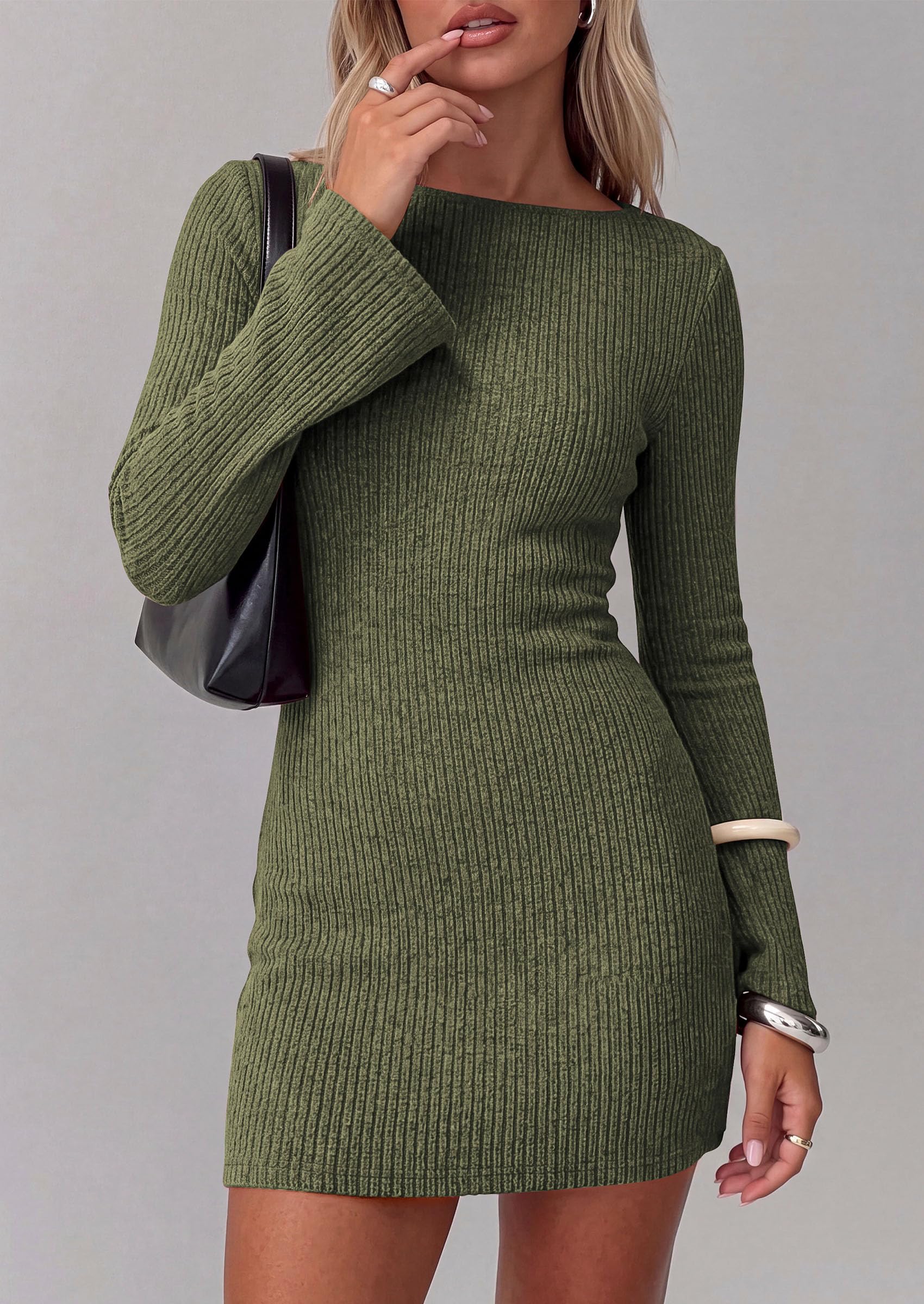 Womens Boat Neck Bell Long Sleeve Mini Sweater Dress