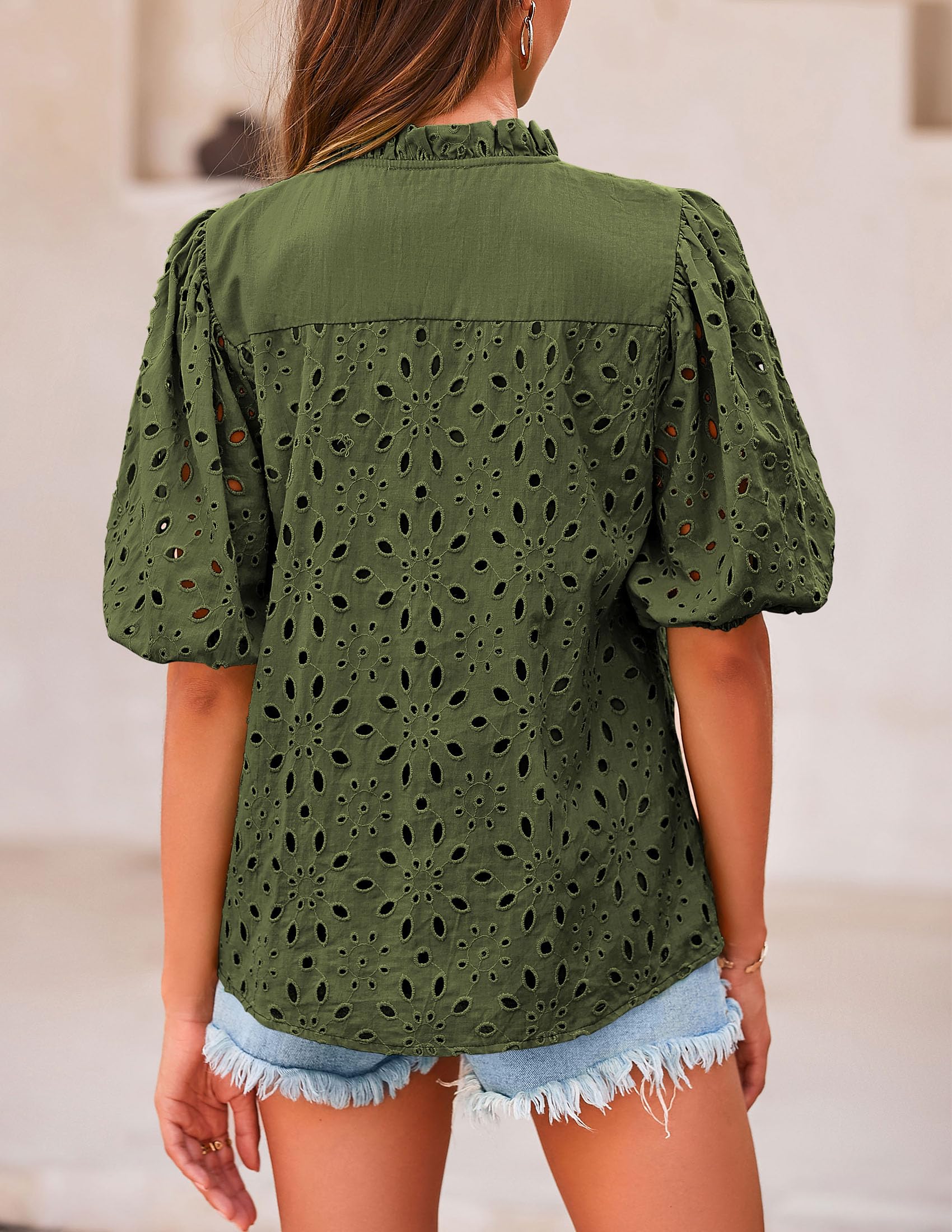Womens Tops Boho Eyelet Puff Sleeve Blouse, Army Green,S