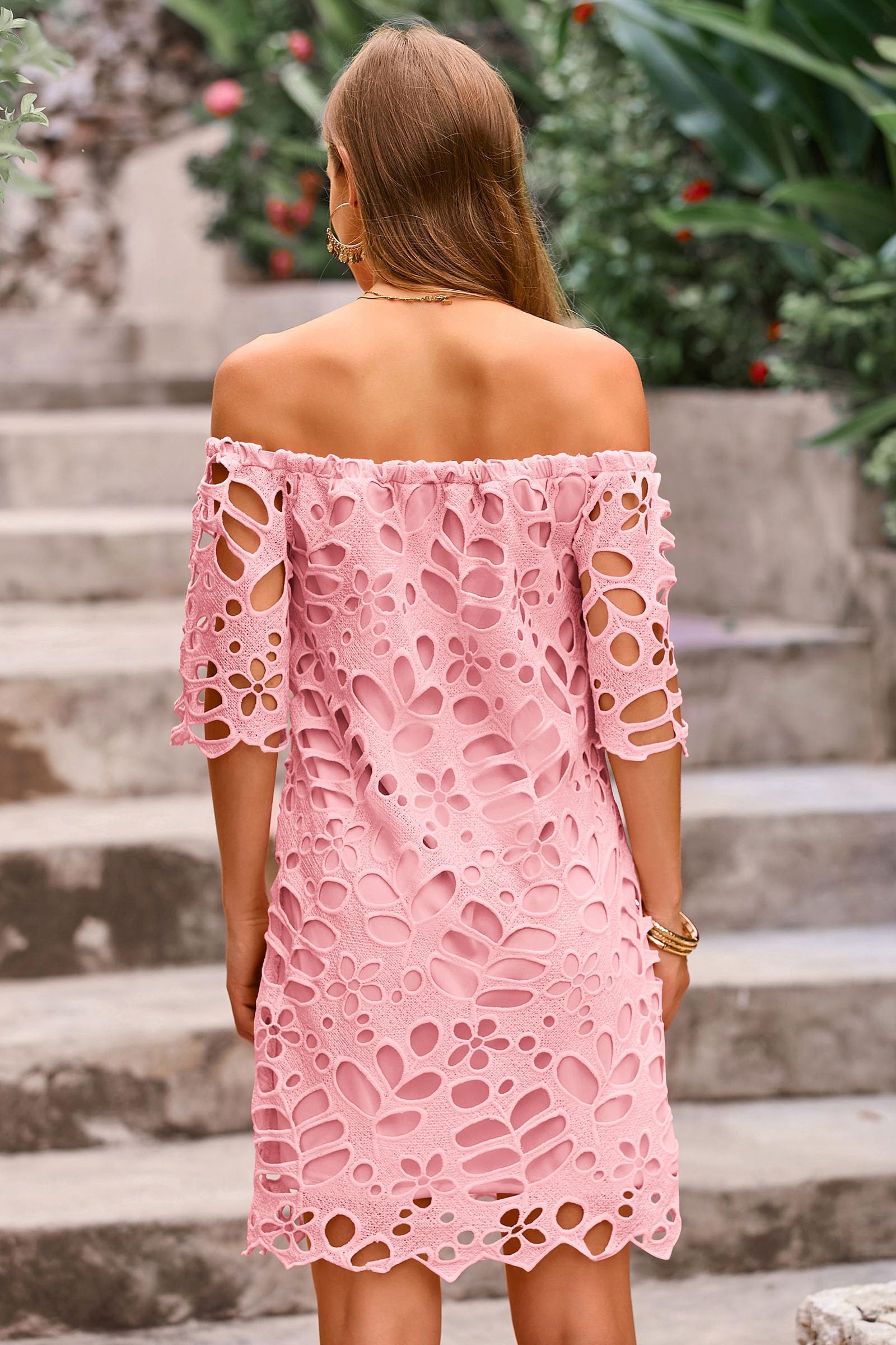 Women's Boho Off the Shoulder Lace Mini Dress, Pink,S