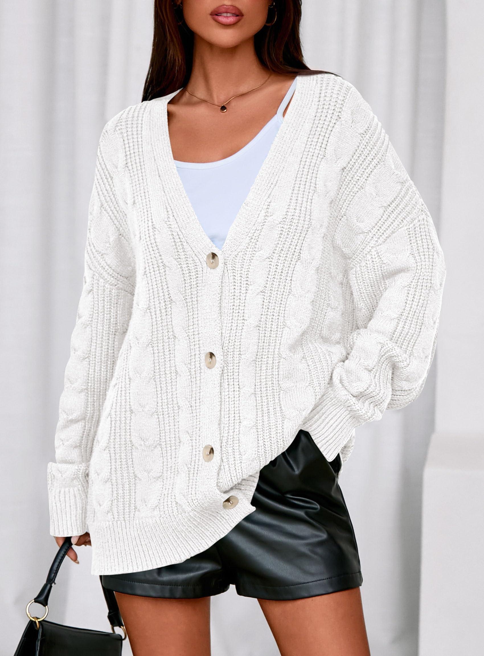 Womens Chunky Cardigan Sweaters 2025 Fall Oversized Cable Knit Long Sleeve Open Front Cardigans Winter Clothing (White,X-Large)