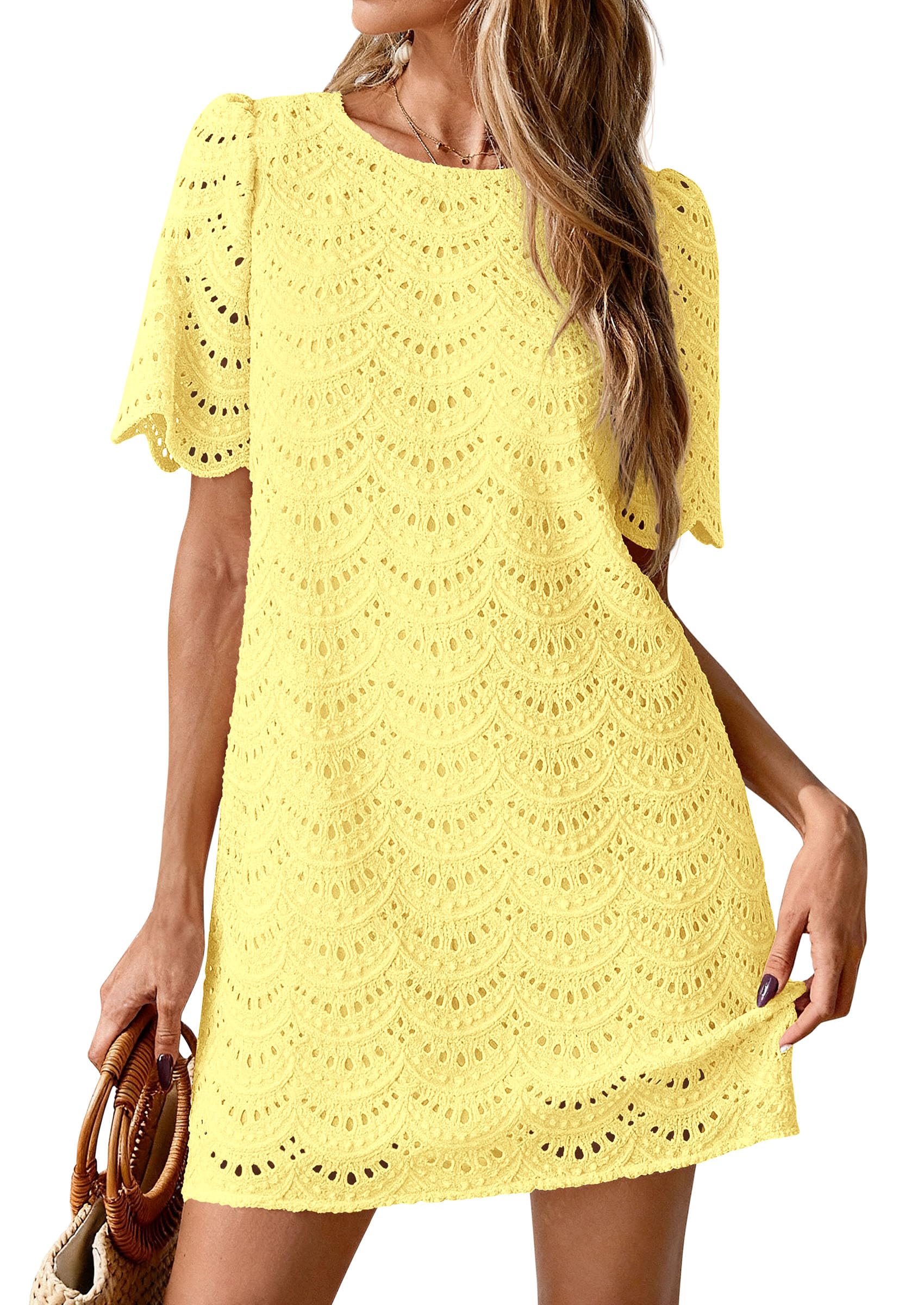Women's Summer Eyelet Lace Short Dress (Yellow,S)