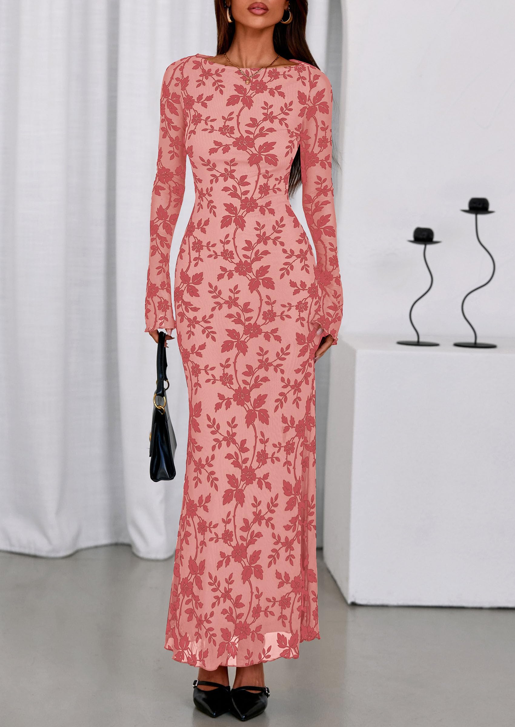 Women's Floral Bodycon Maxi Dress Wedding Guest Dresses Pink