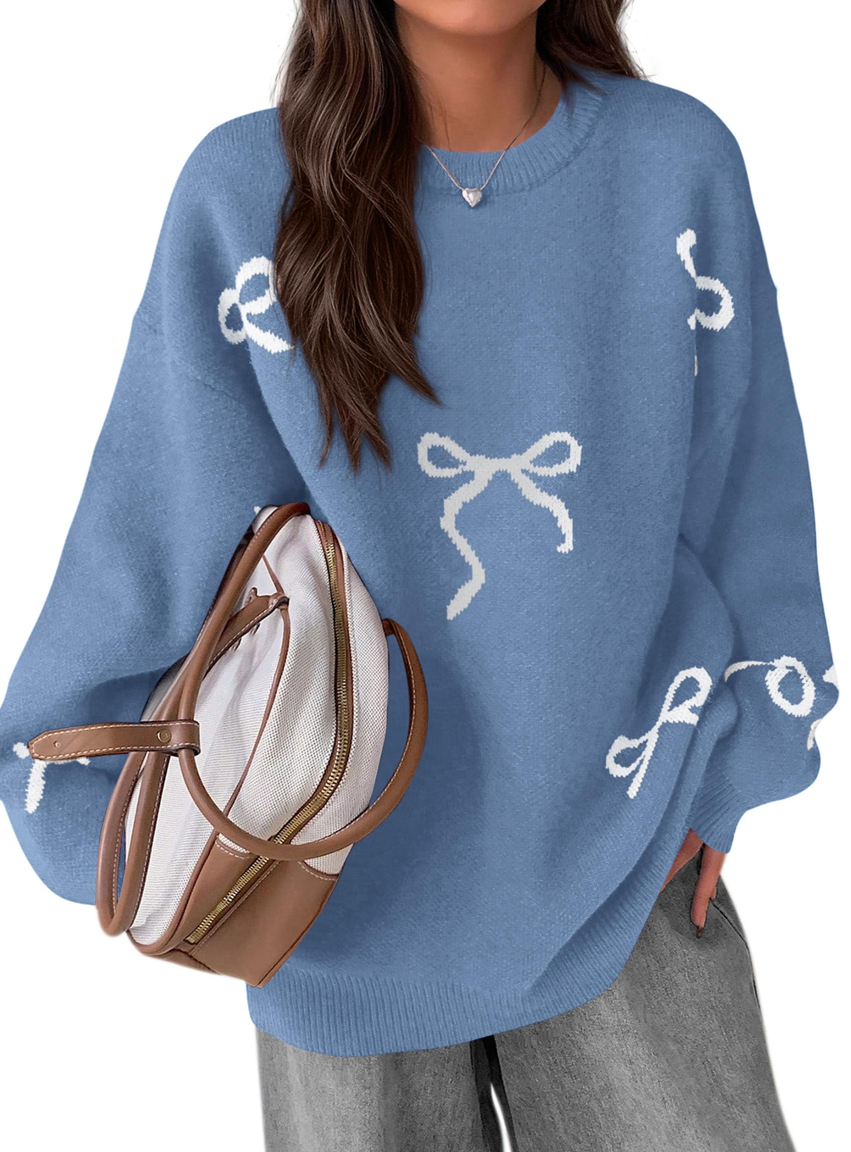 Fall Long Sleeve Pullover Sweaters for Women 2026 Trendy Crewneck Casual Cute Bow Chunky Knit Oversized Sweater (Blue Grey,Small)