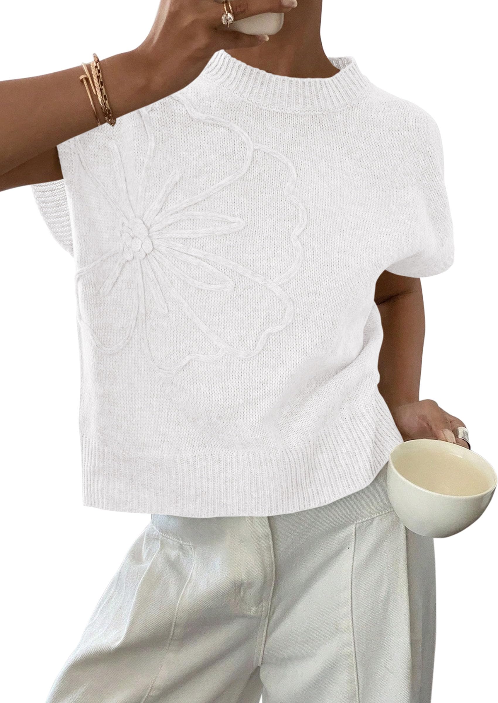 Women's Summer Short Cap Sleeve Sweater Vest (White,S)