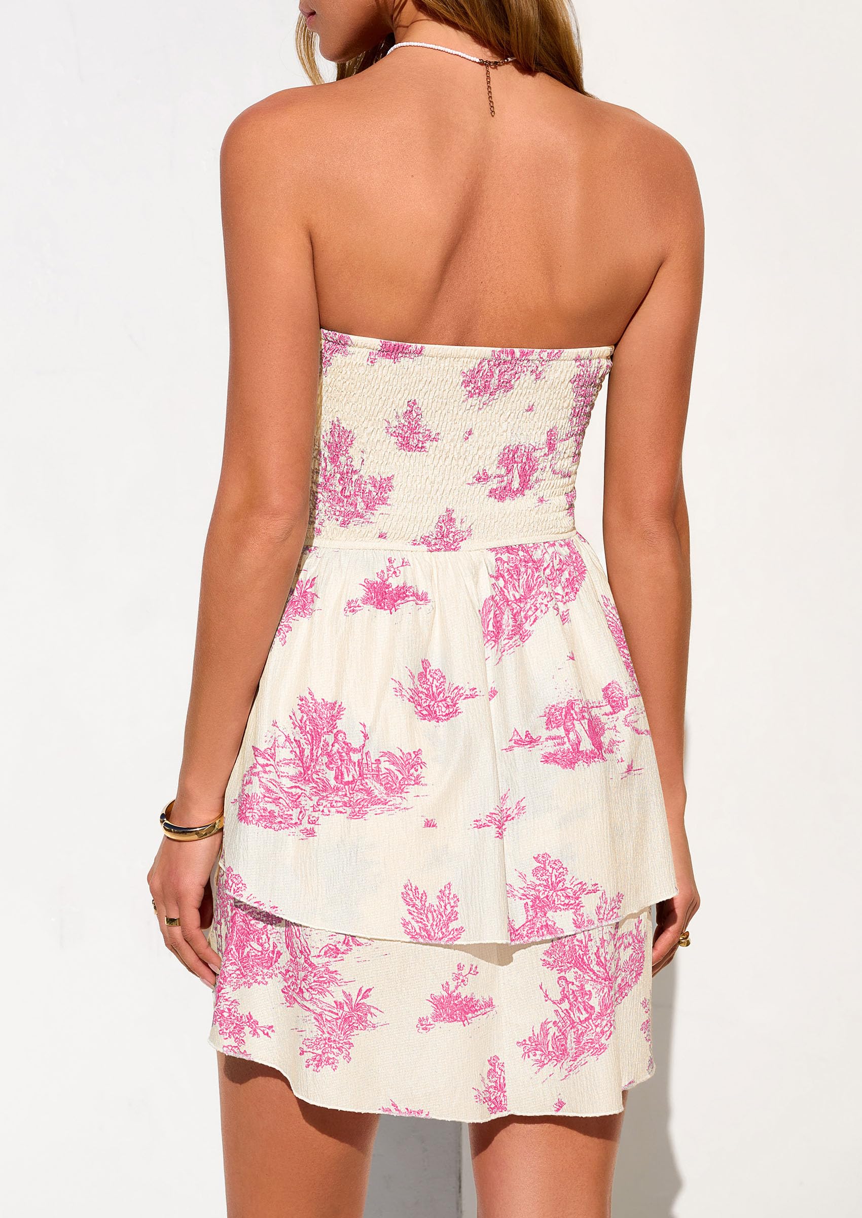 Women's Summer Strapless Flowy Mini Dresses (Floral Pink,S)