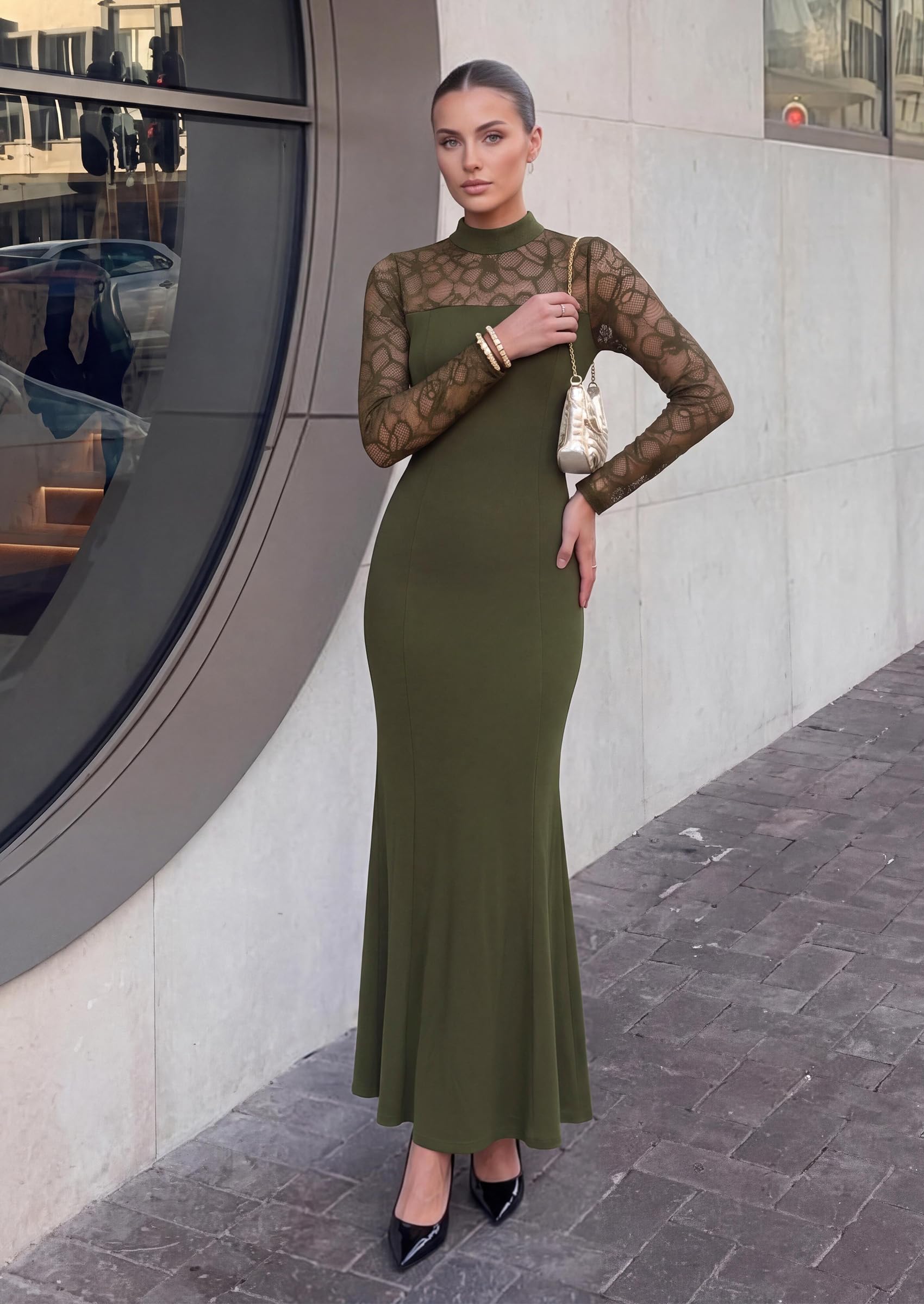 Women's Fall Lace Sheer Dress Bodycon Maxi Cocktail Dresses