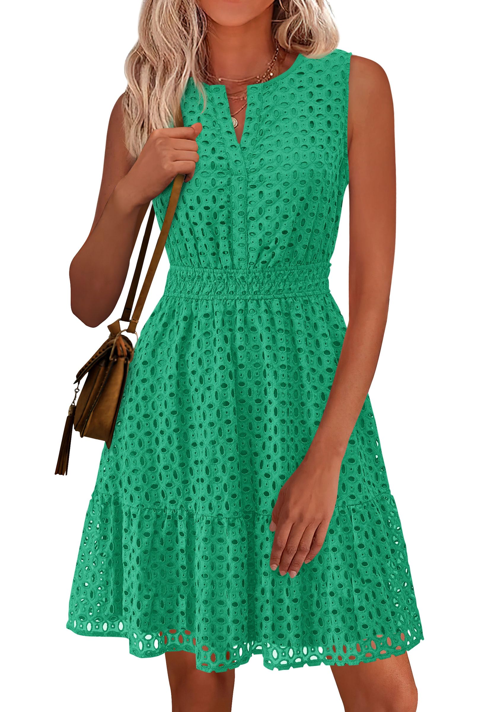 Women's Summer Eyelet A Line Short Dresses,Green,S
