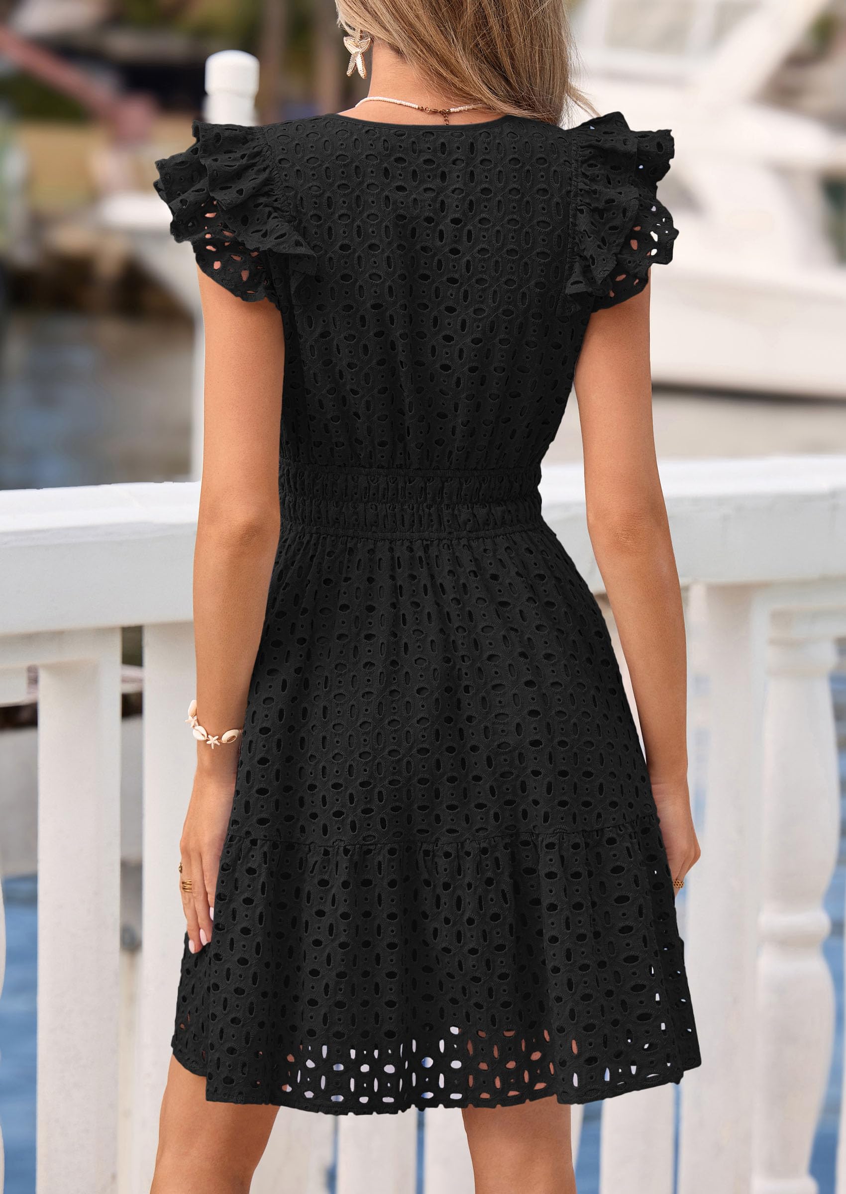 Women's Summer V Neck Eyelet Short Dress (Black,Small)