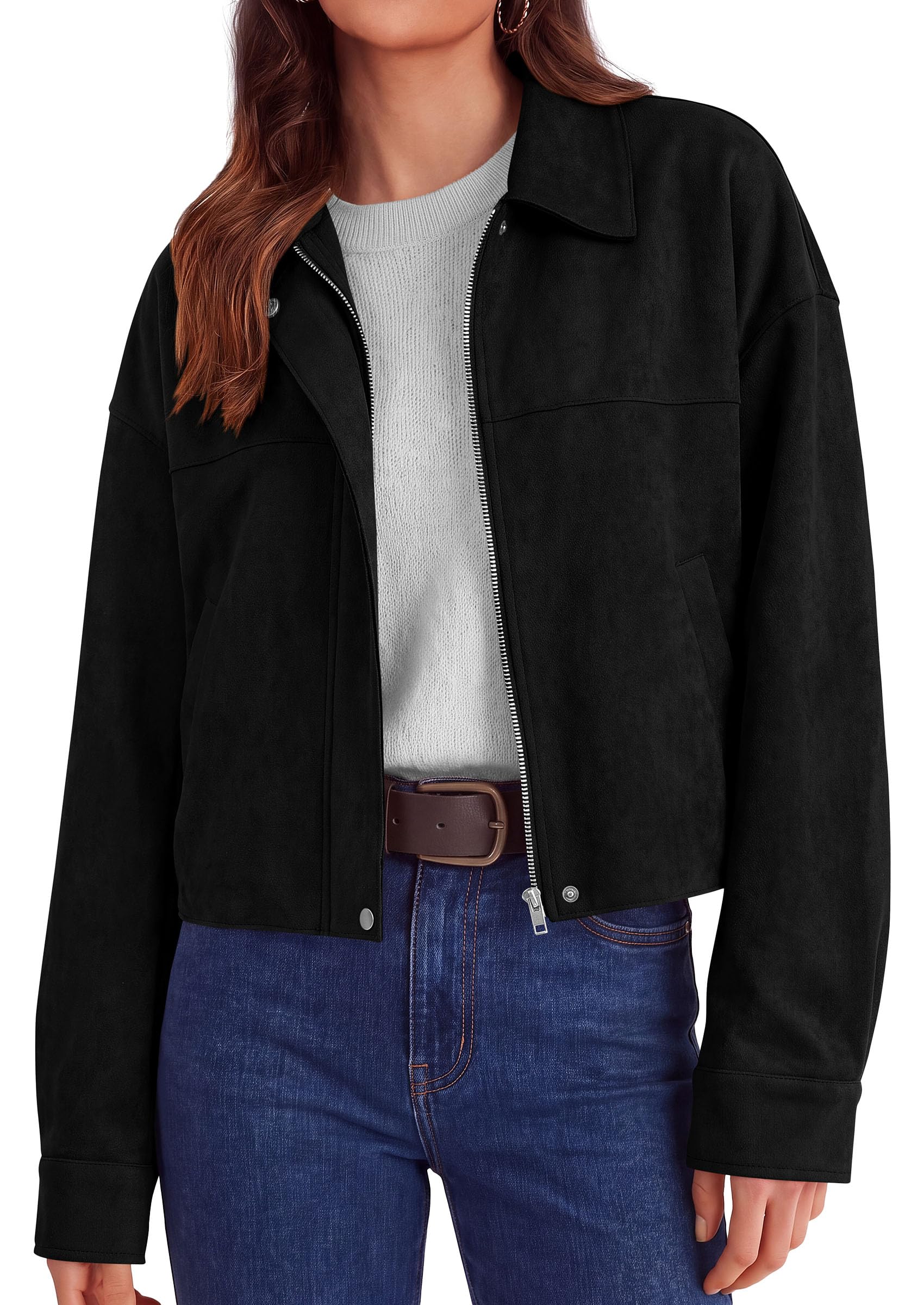 Women's Faux Suede Cropped Fall Jackets,Black,S