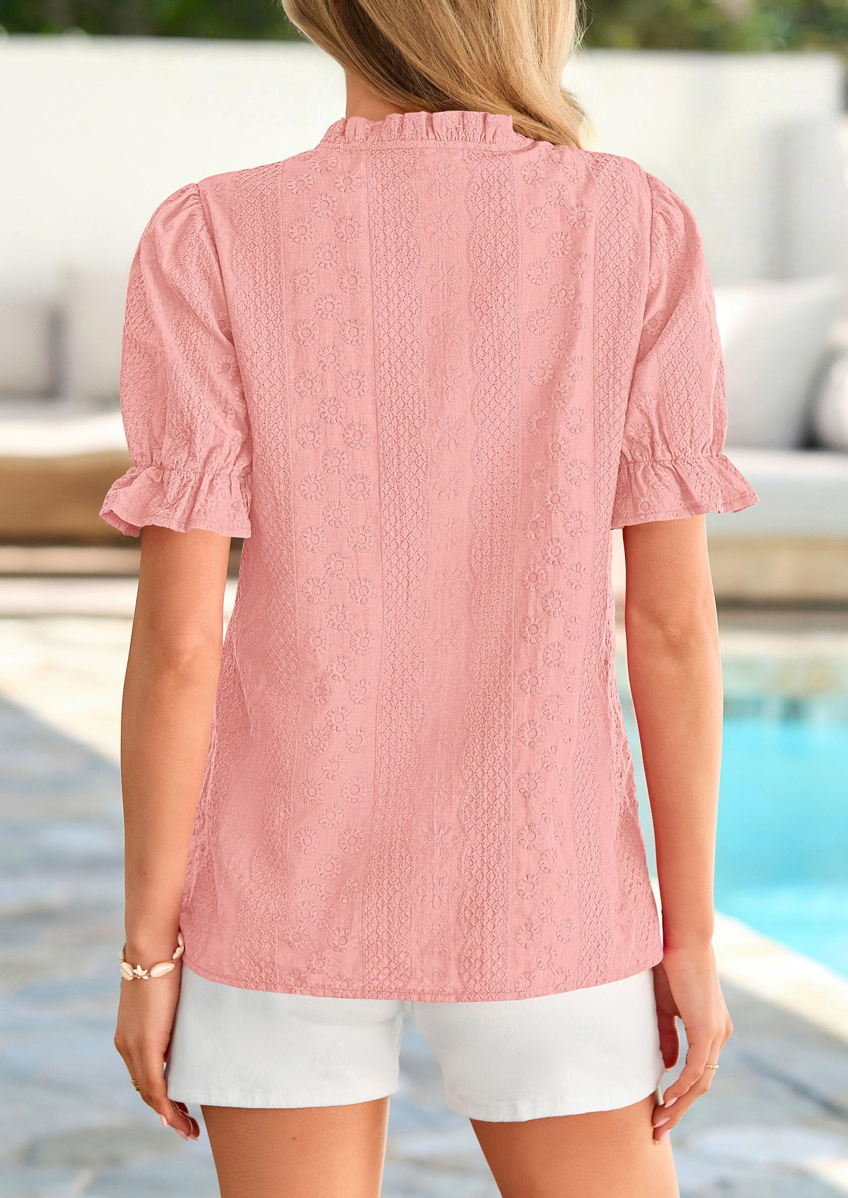 Womens Embroidered Puff Short Sleeve Tops,Pink,S