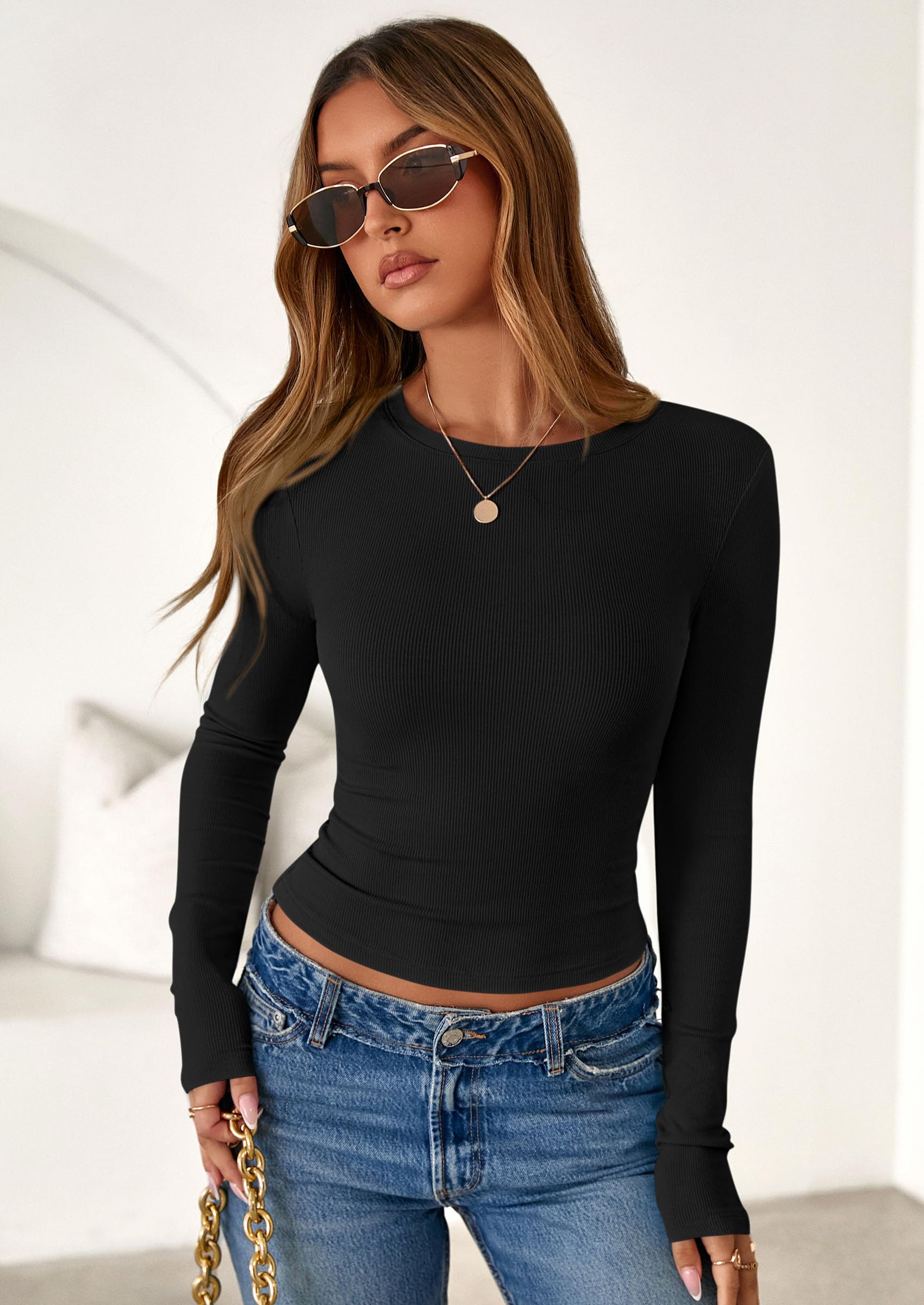Women's Fall Long Sleeve Shirts Basic Tees (Black,XS)