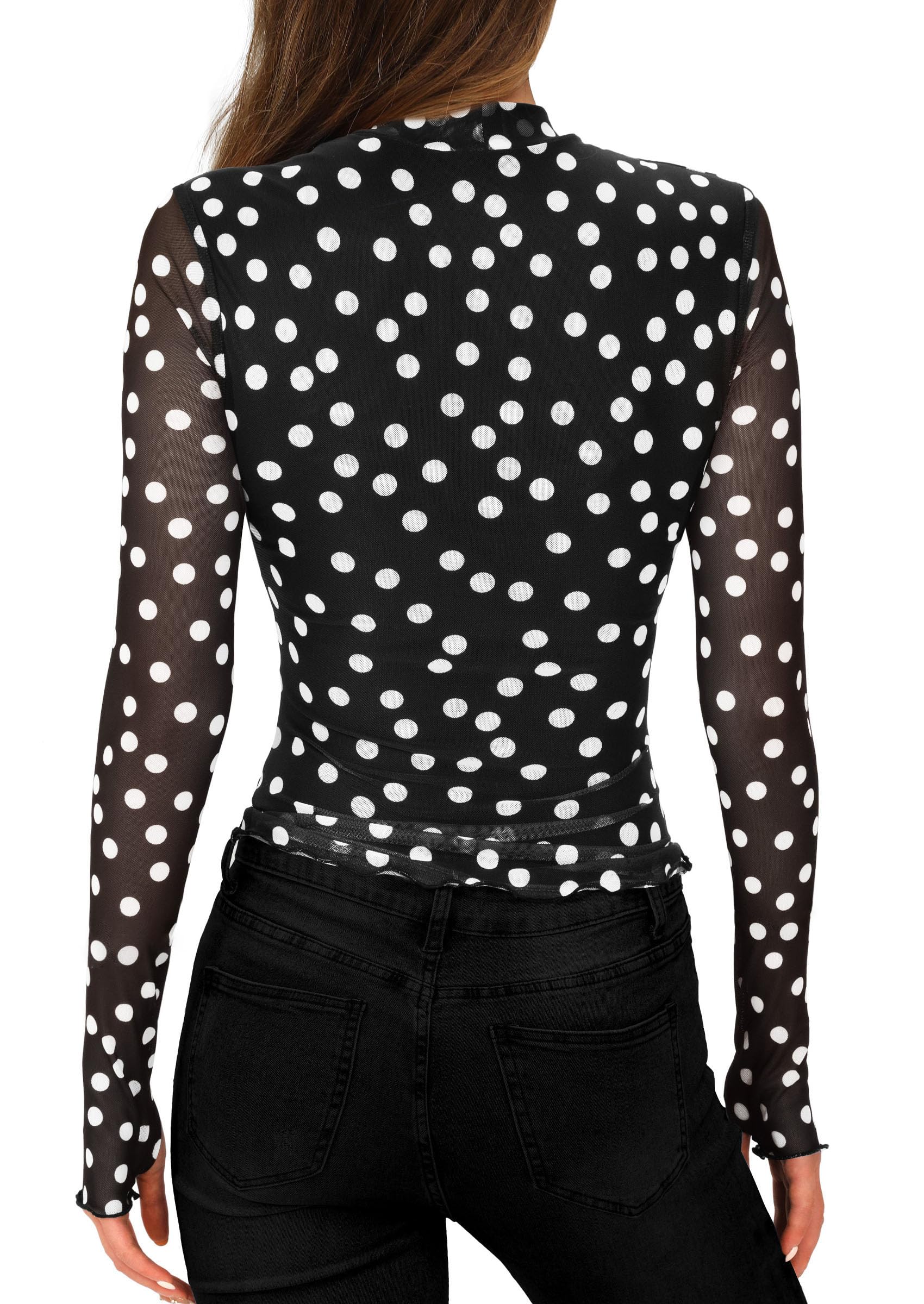 Womens Floral Mesh Long Sleeve Tops Fall Slim Fitted Shirts