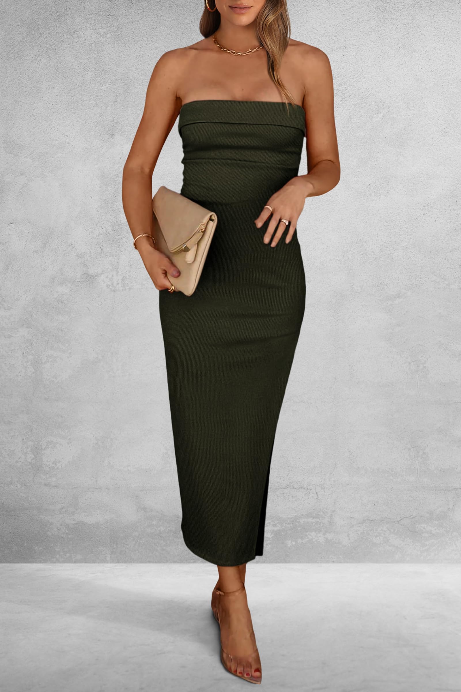 Women's Summer Bodycon Maxi Tube Dress Ribbed Strapless Side Slit Long Going Out Casual Elegant Party Dresses (Army Green,X-Small)