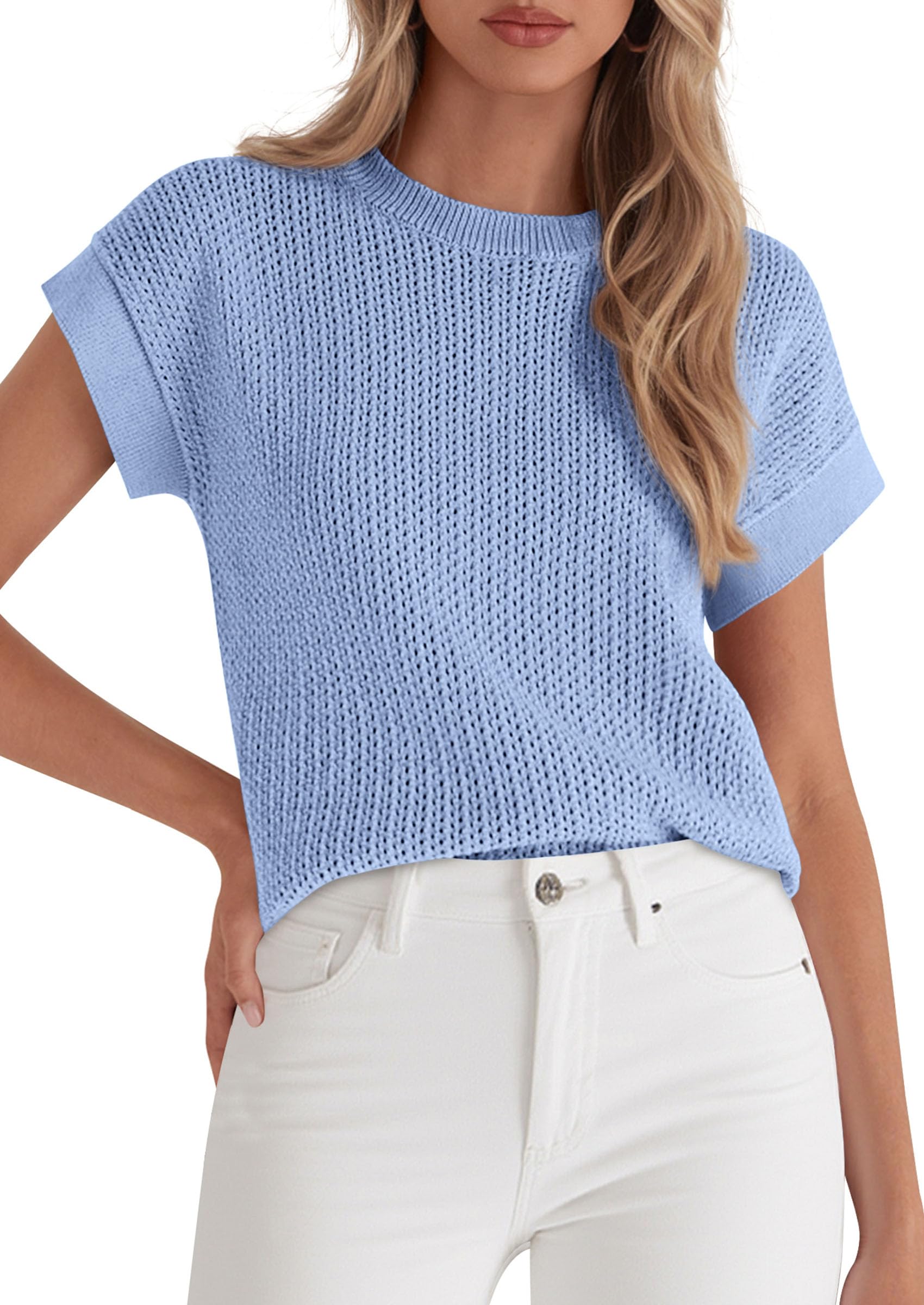 Women's Summer Sweater Vest Crochet Tops (Light Blue,S)