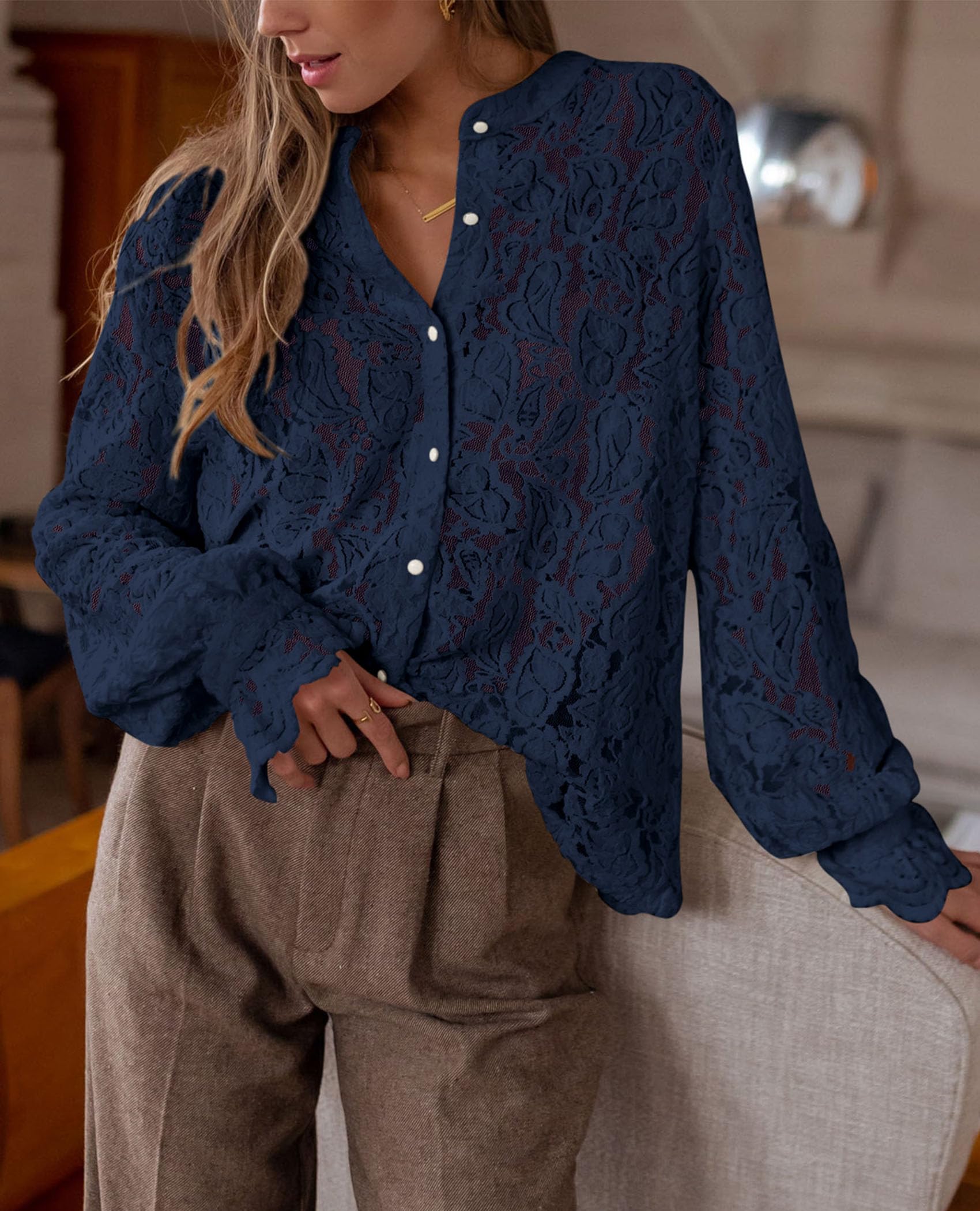 Women's Fall Trendy Long Sleeve Lace Tops(Navy,Small)