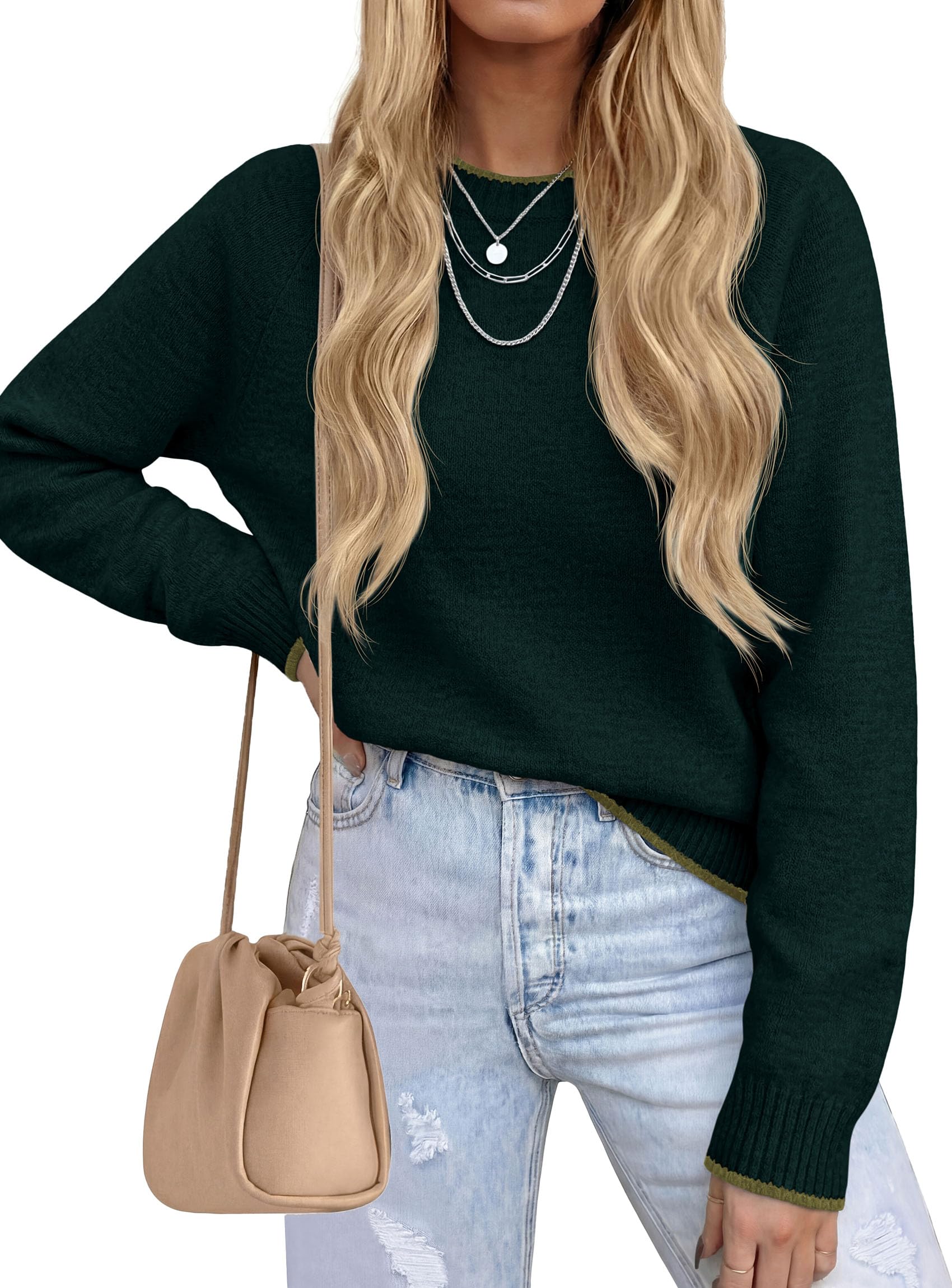 Womens Crewneck Fall Sweaters Pullover Tops,Dark Green,S