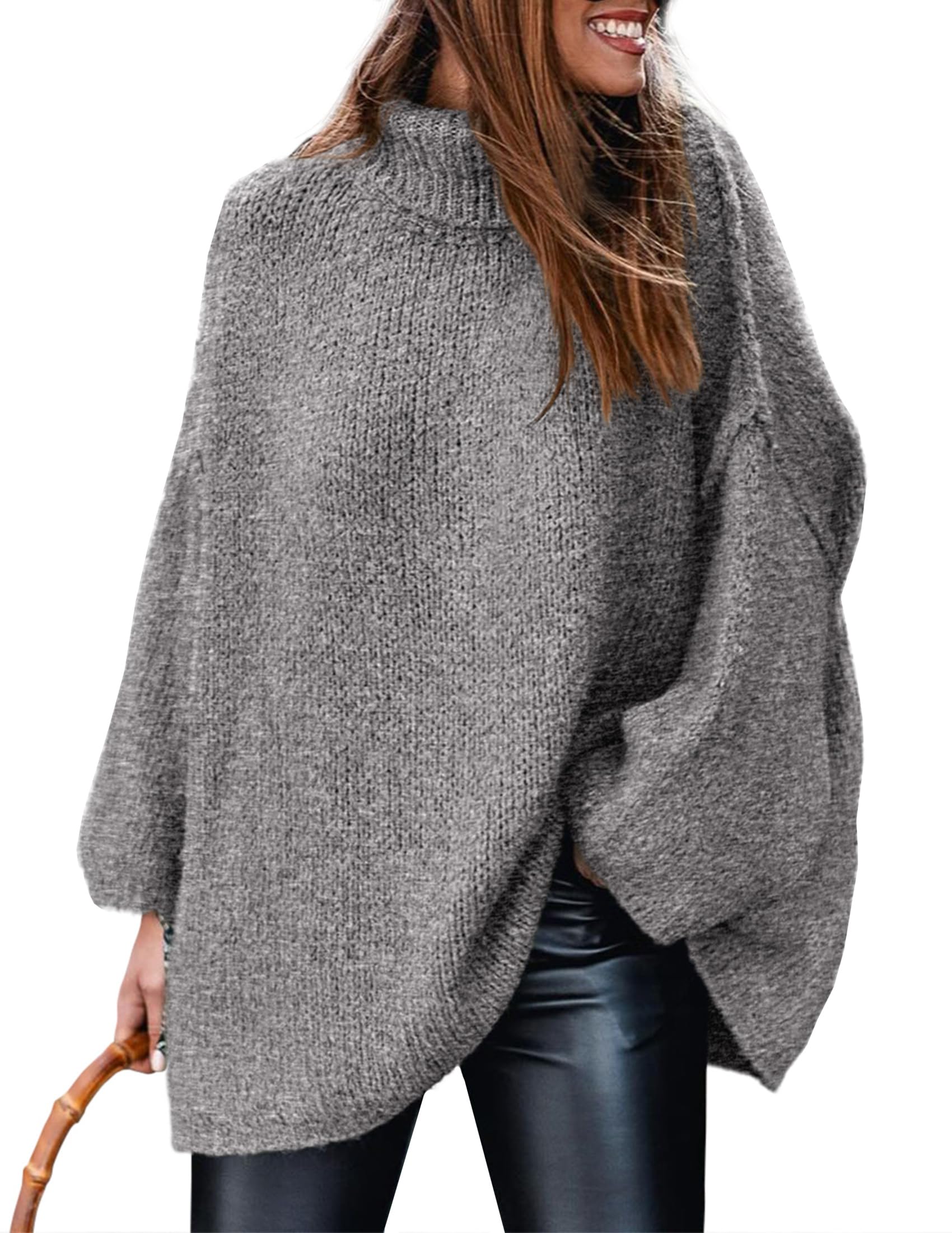 Womens Turtleneck Long Sleeve Oversized Sweaters,Grey,S
