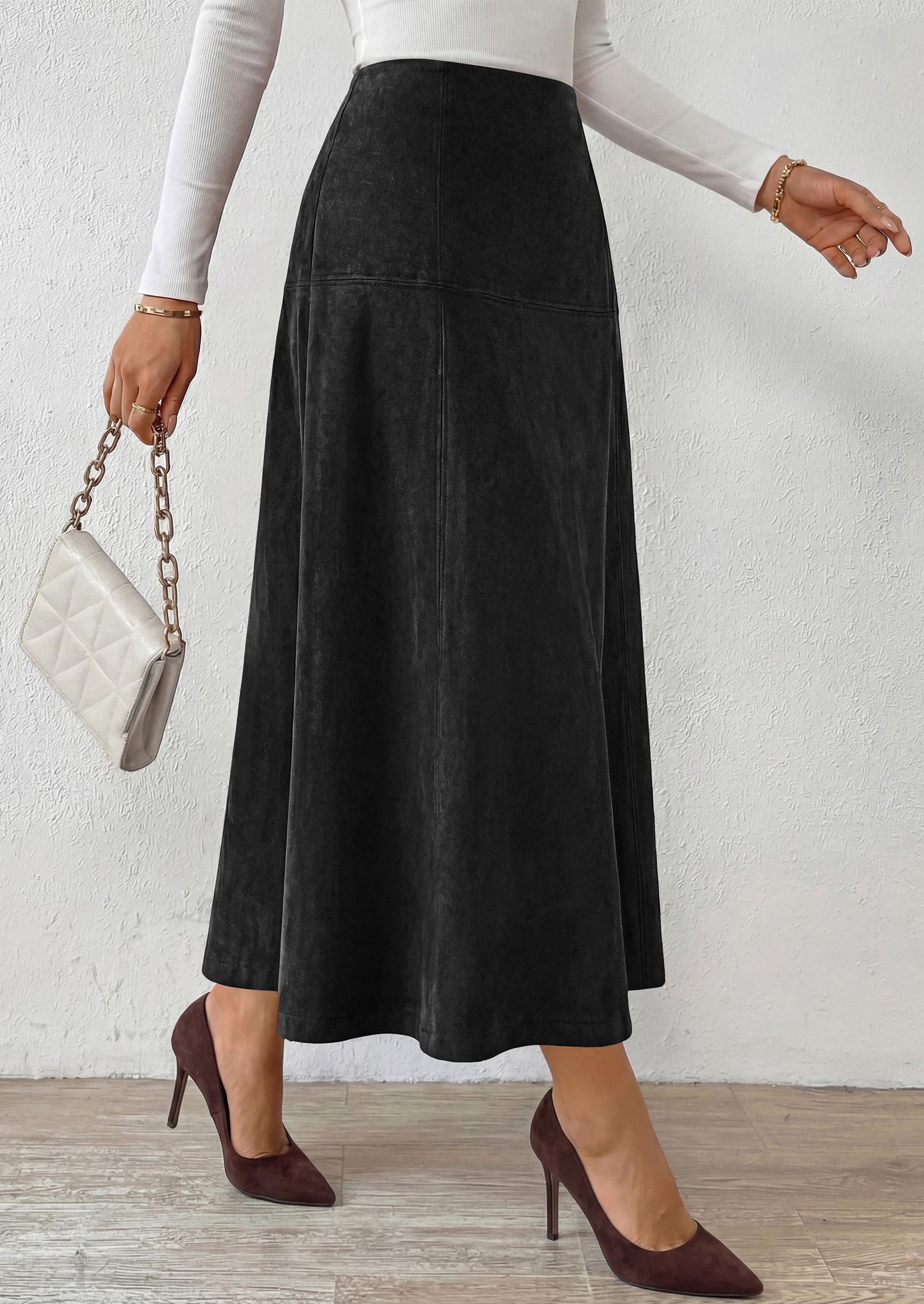 Womens High Waist Faux Suede A Line Midi Skirt,Black,S